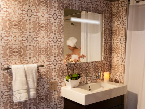 Neutral Kaleidoscope Wallpaper In Mid Century Bathroom Designers