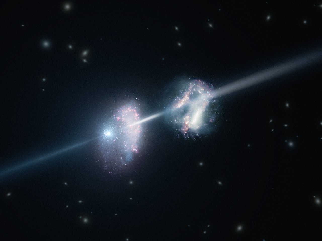 Artists impression of a gamma ray burst shining through two young