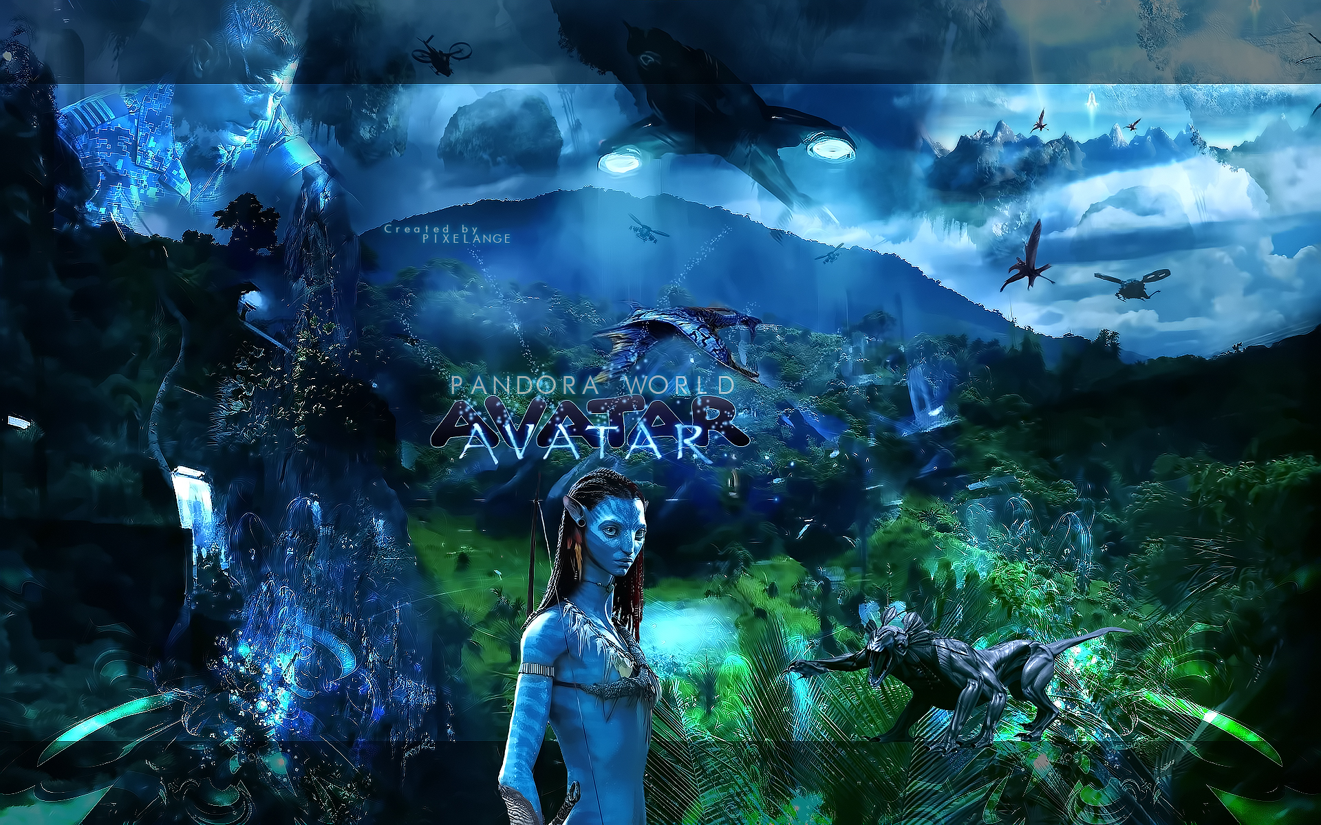 A vibrant wallpaper featuring Neytiri from Avatar in a Pandora landscape with lush greenery, waterfalls, and futuristic aircraft