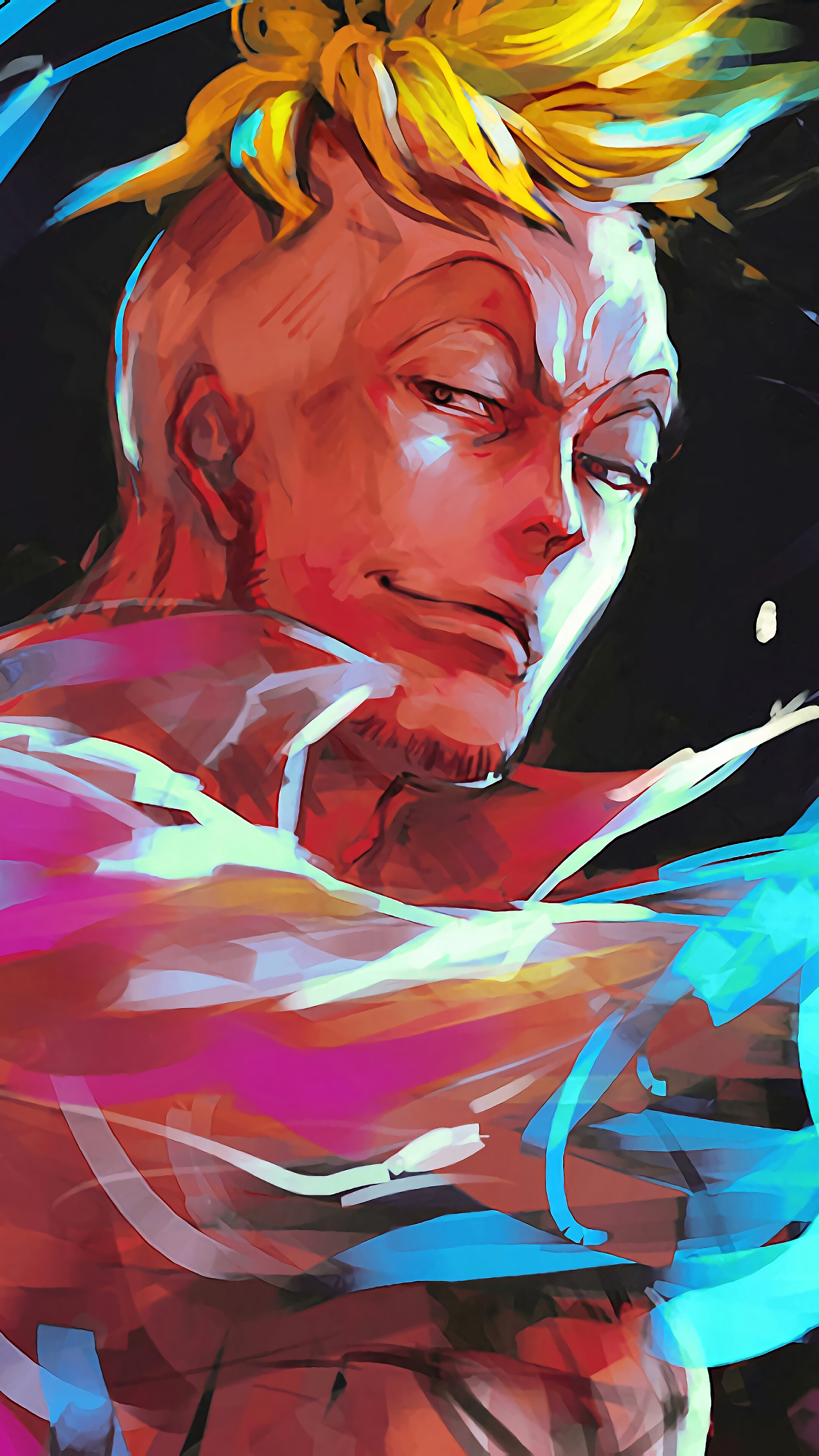 A vibrant, stylized portrait of Vinsmoke Ichiji from One Piece, showcasing his distinctive spiky blond hair and intense expression