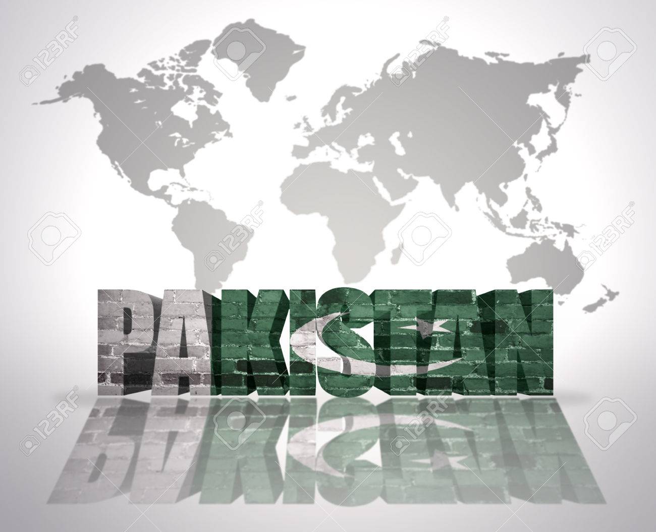 Word Pakistan With Pakistani Flag On A World Map Background Stock