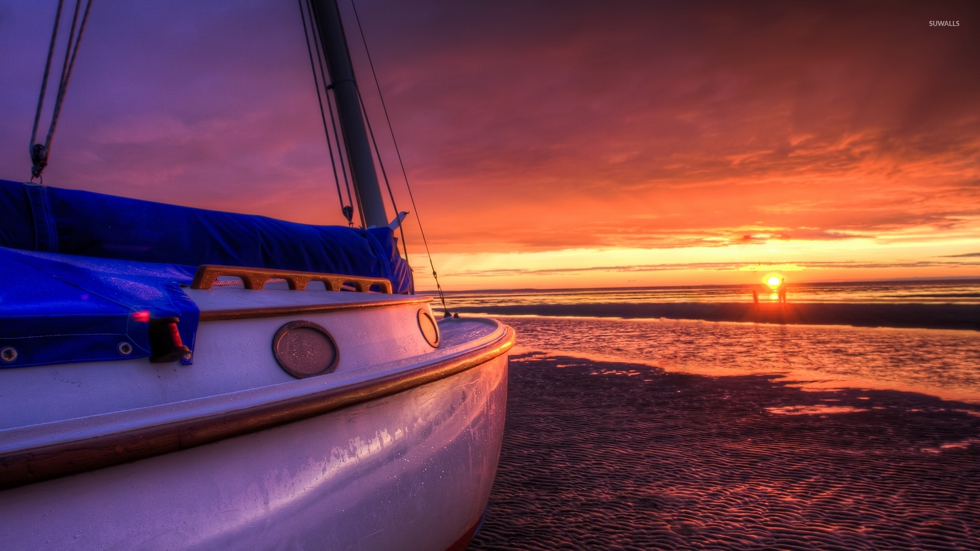 Sailing boat on a sunset beach wallpaper   Photography wallpapers