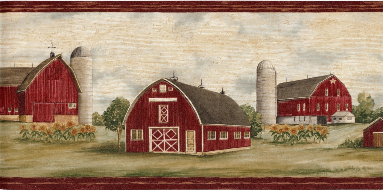 Details About Wallpaper Border Country Farm Red Barn Sunflowers