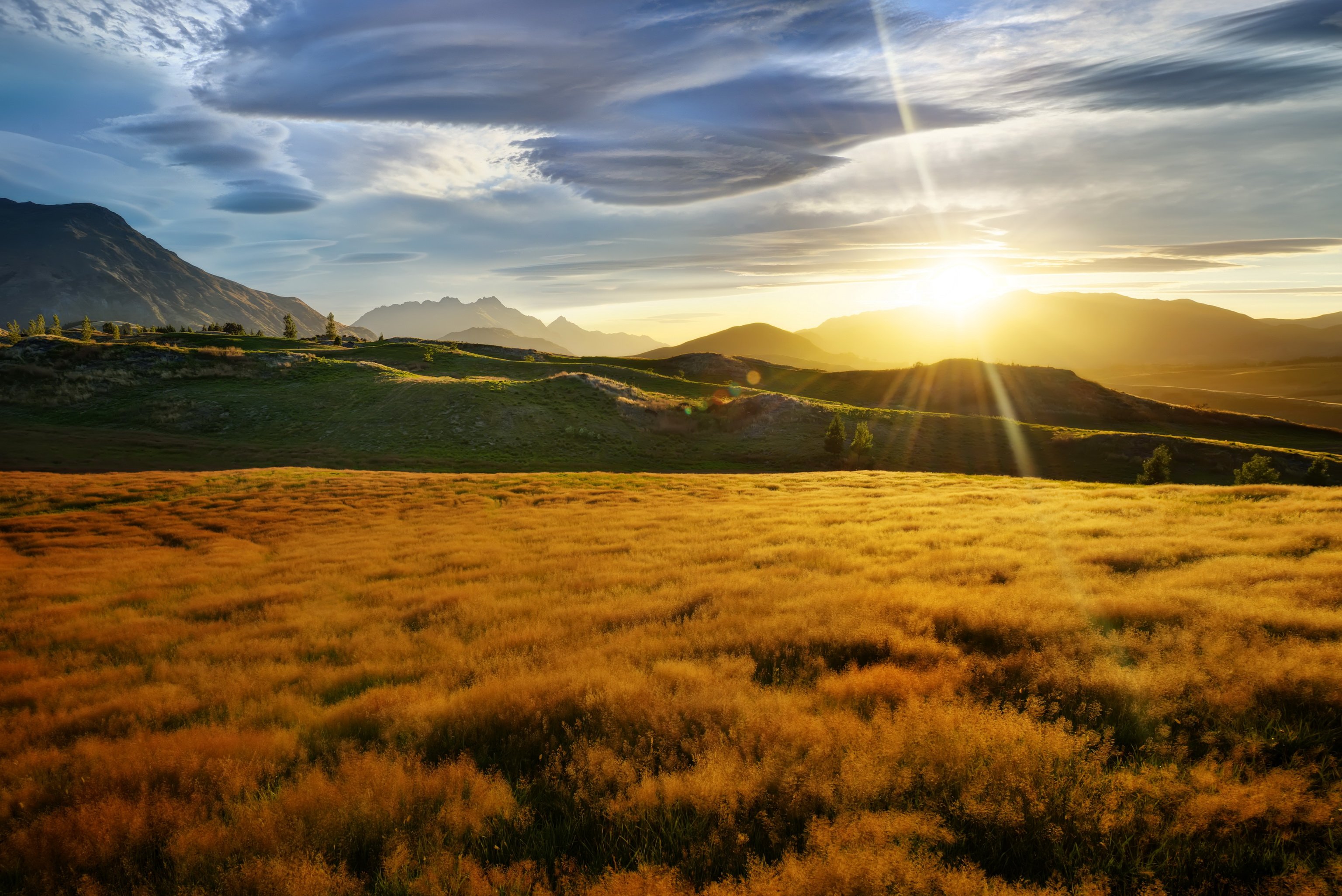 New Zealand Sky Rays of light Grass Nature sunrise landscape wallpaper