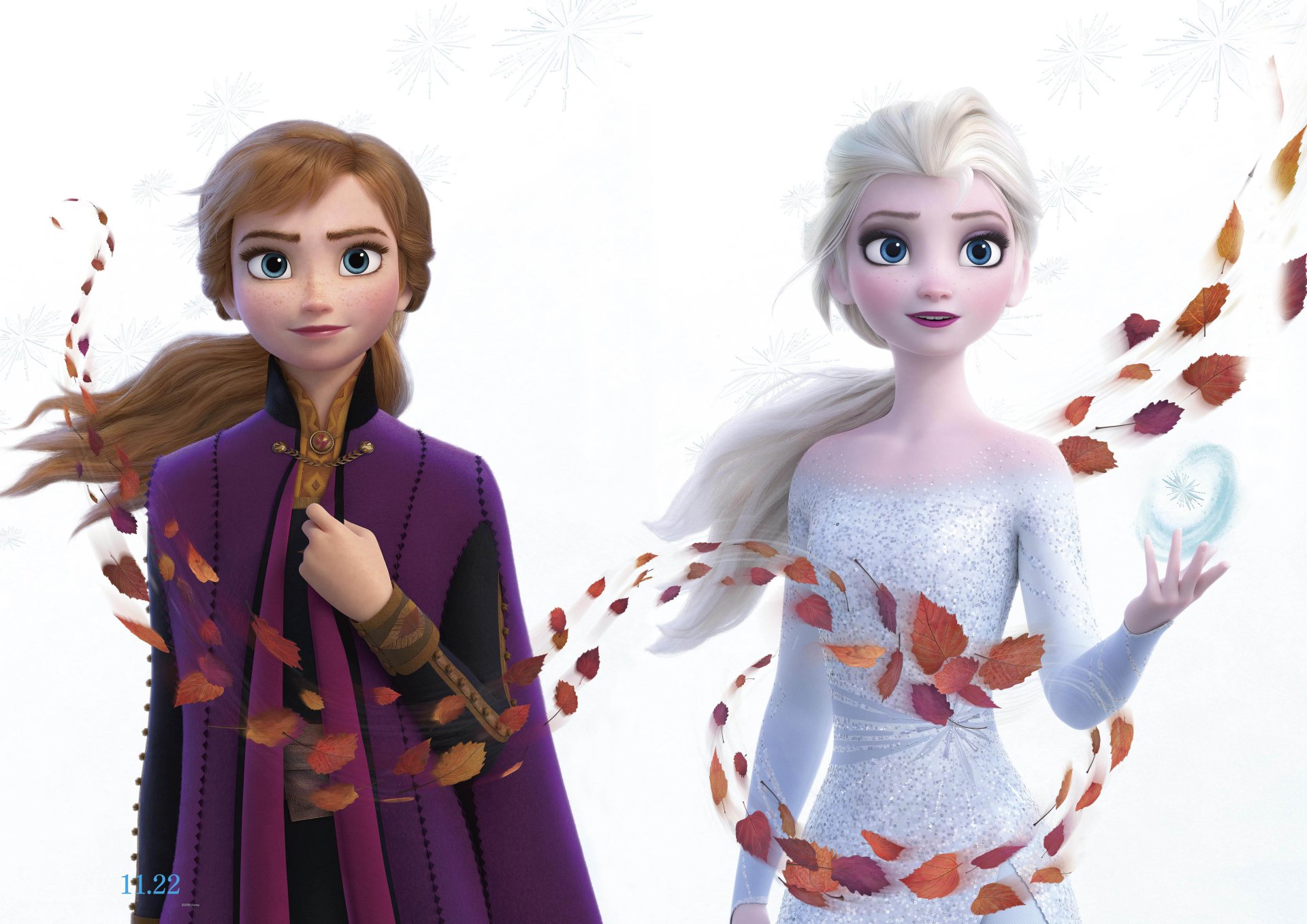 Anna and Elsa, the beloved sisters from Disney's Frozen, stand amidst swirling autumn leaves. Anna, in her signature purple cape, and Elsa, in a shimmering white gown, embody the changing seasons and the magic of their bond