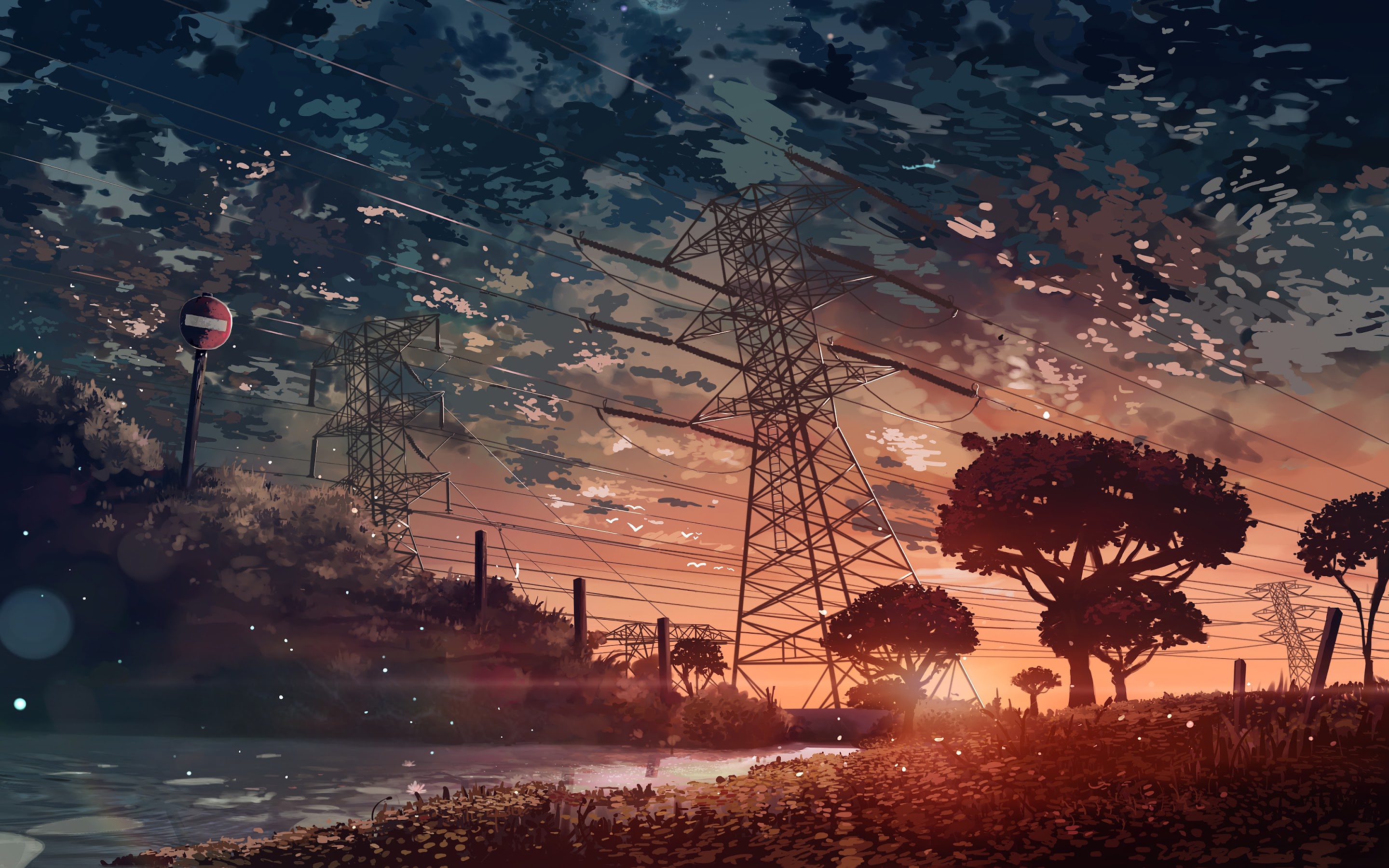 Anime 4k Wallpaper: Vibrant Sunset with Power Lines and Trees