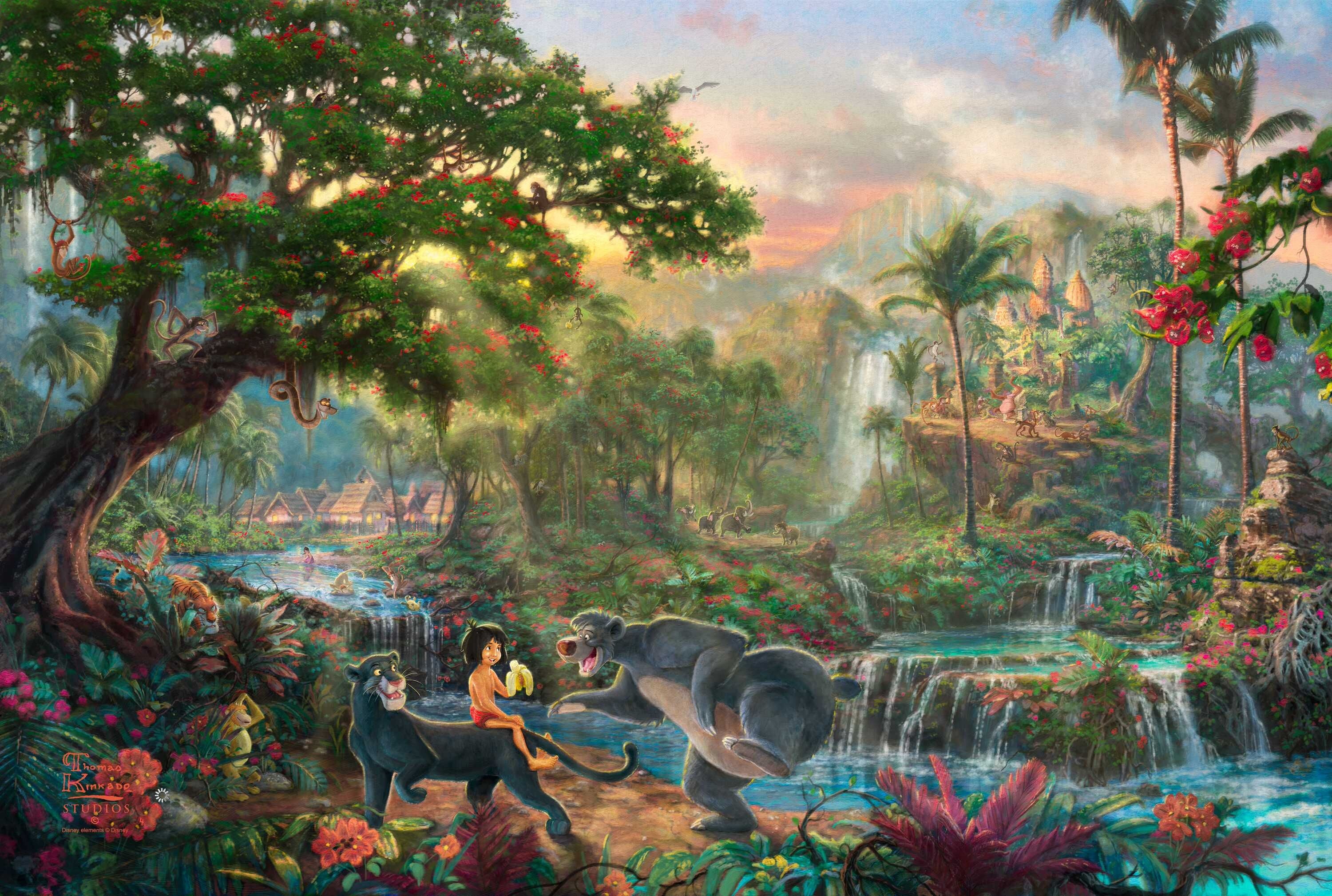 The Jungle Book Thomas Kinkade Walt Disney Art Cartoon Movie Wallpaper