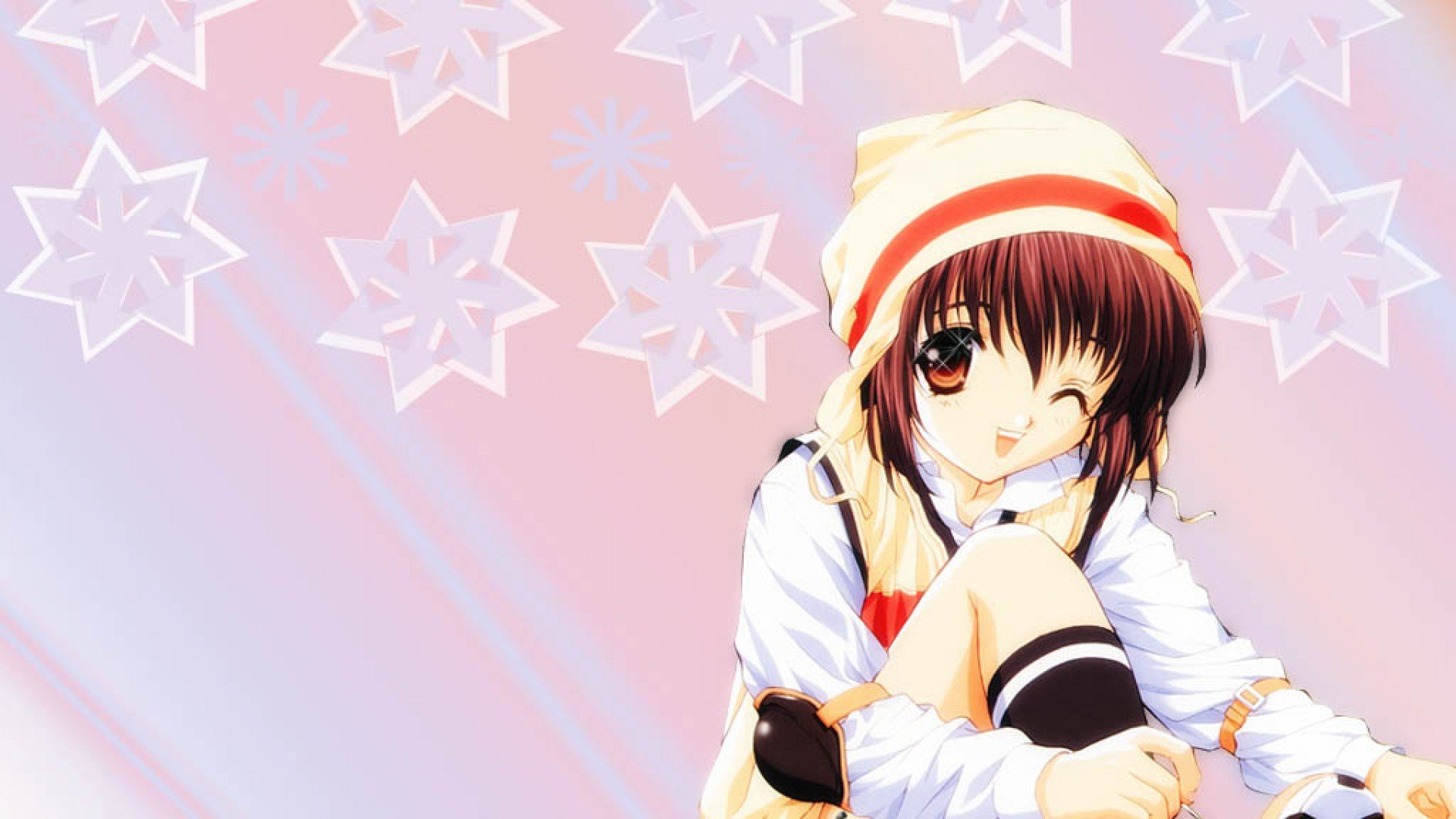 Cute anime girl with a winter hat, winking and sitting against a background of snowflakes on a gradient pink and purple backdrop