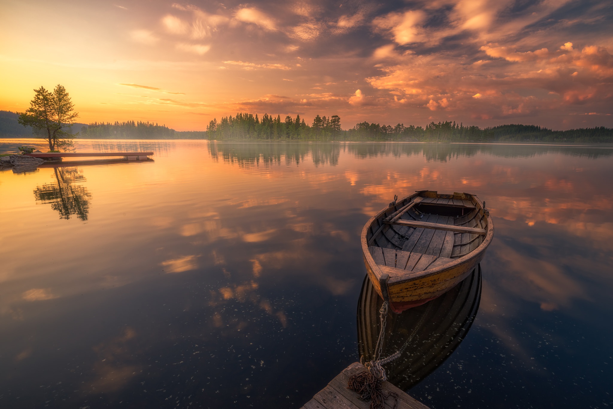 Boat In Silent Lake Nature Sunset Wallpaper HD 4k Image