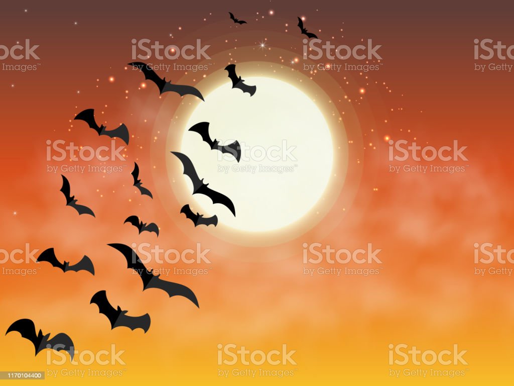 Happy Halloween Bats Flying On Background Of Orange Full Moon