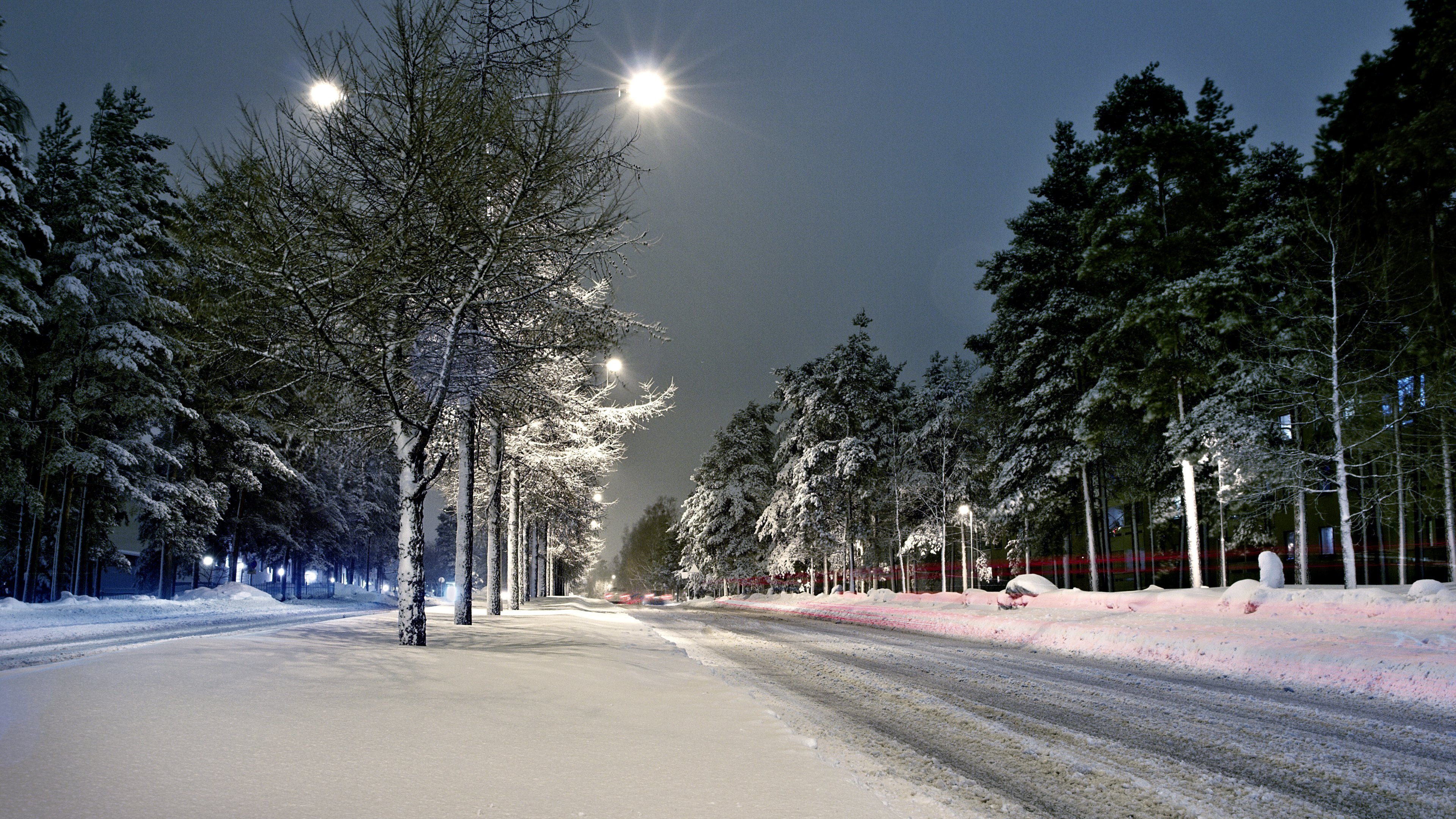 Street Lights Winter Snow Scenery HD Wallpaper 4k