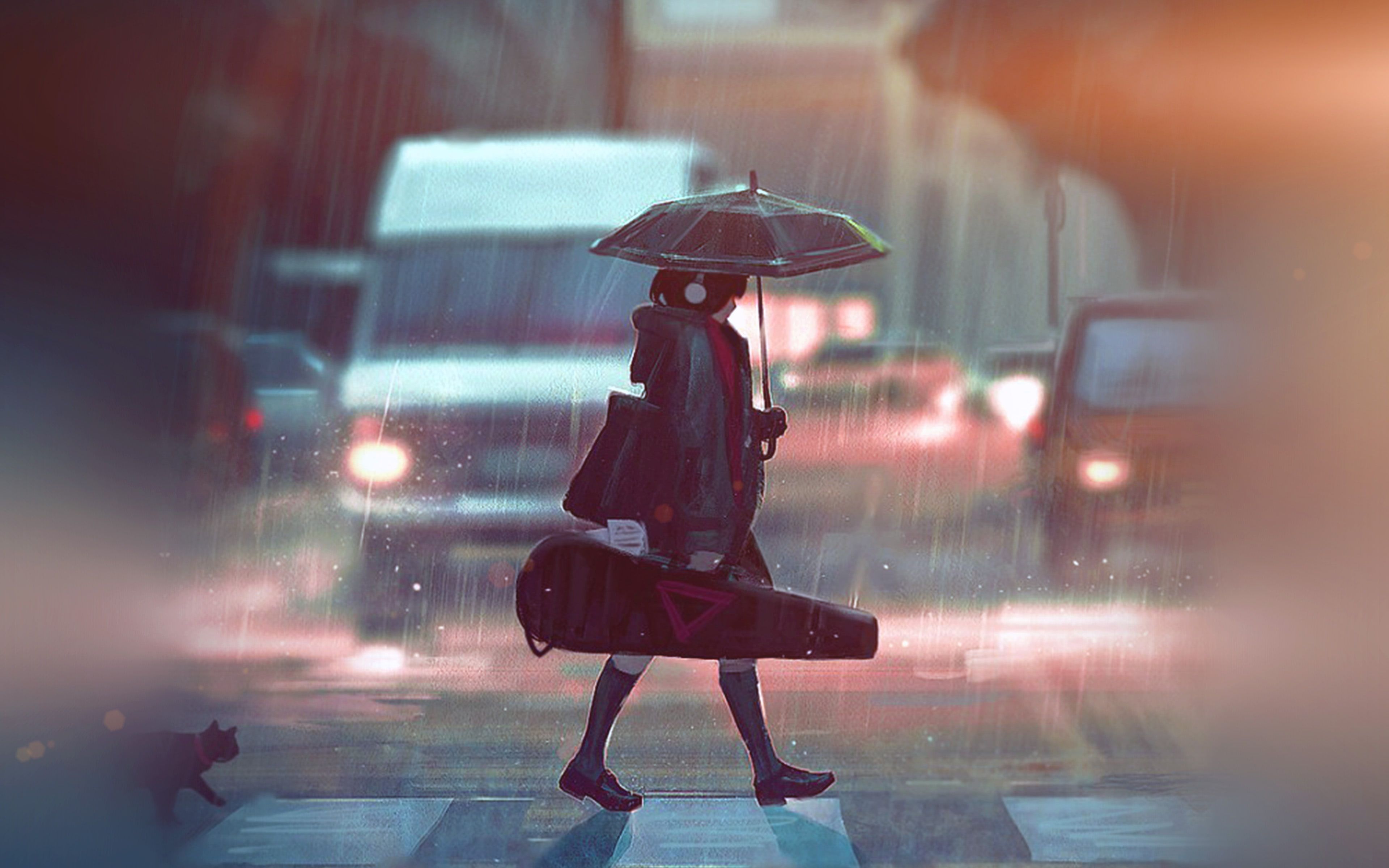 Anime Original Girl Rain Umbrella Violin 4k Wallpaper