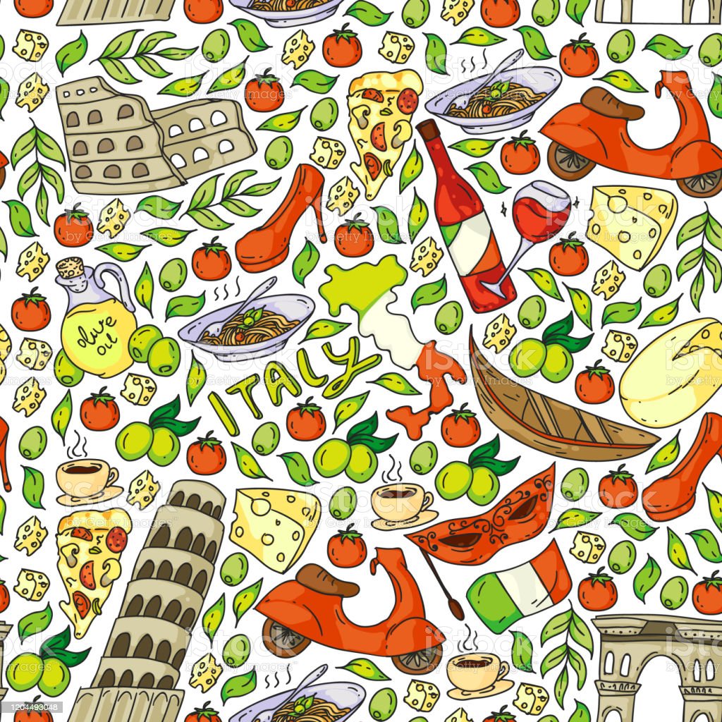 Italy Vector Elements And Icons Doodle Pattern With Italian
