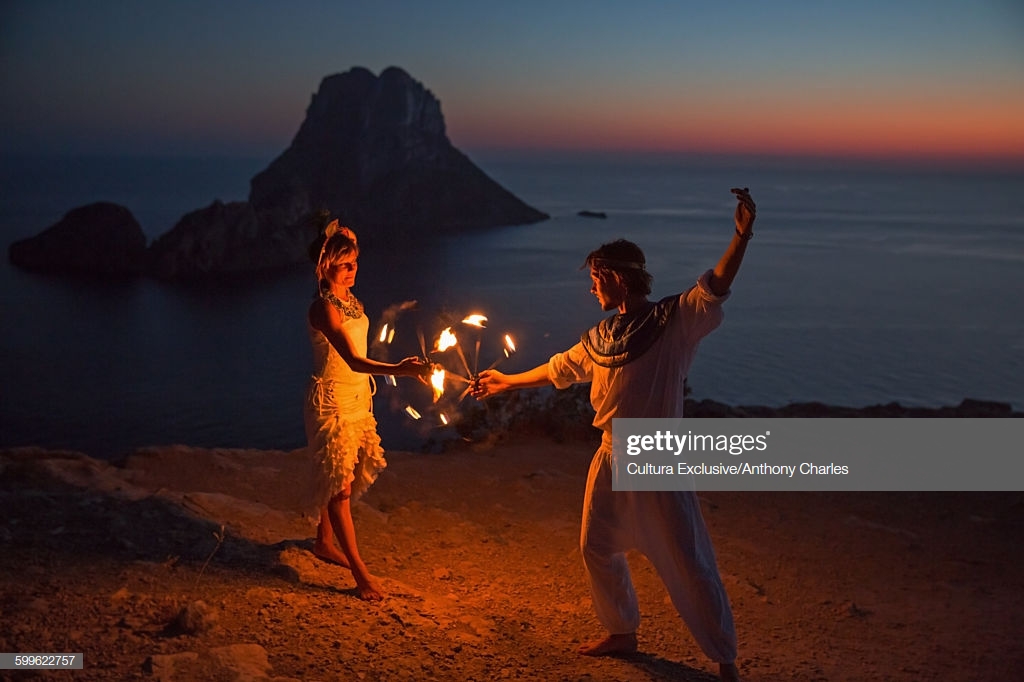 Couple Dance With Fire Sunset Ibiza Es Vedra Rock In The