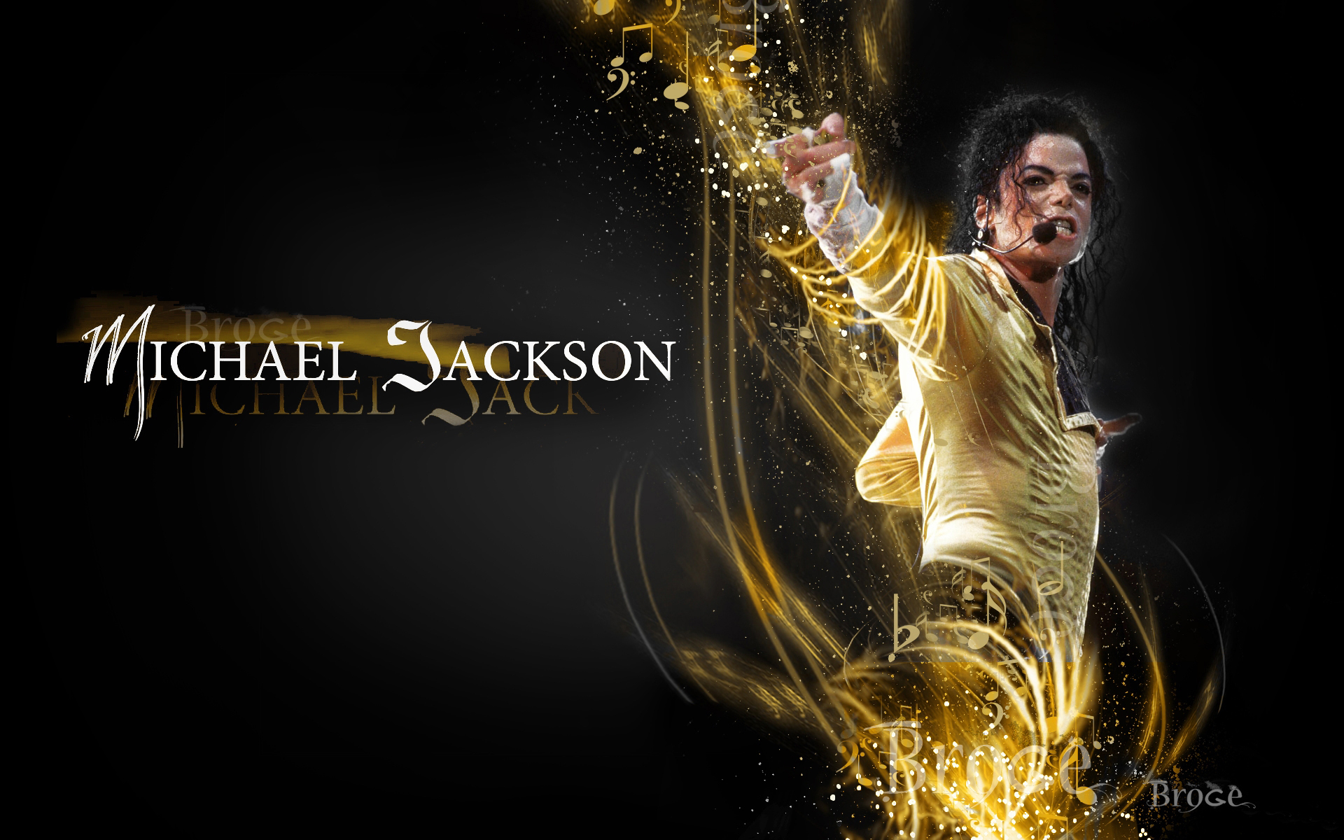 Michael Jackson performing on stage, wearing a gold shirt, with musical notes and light effects surrounding him