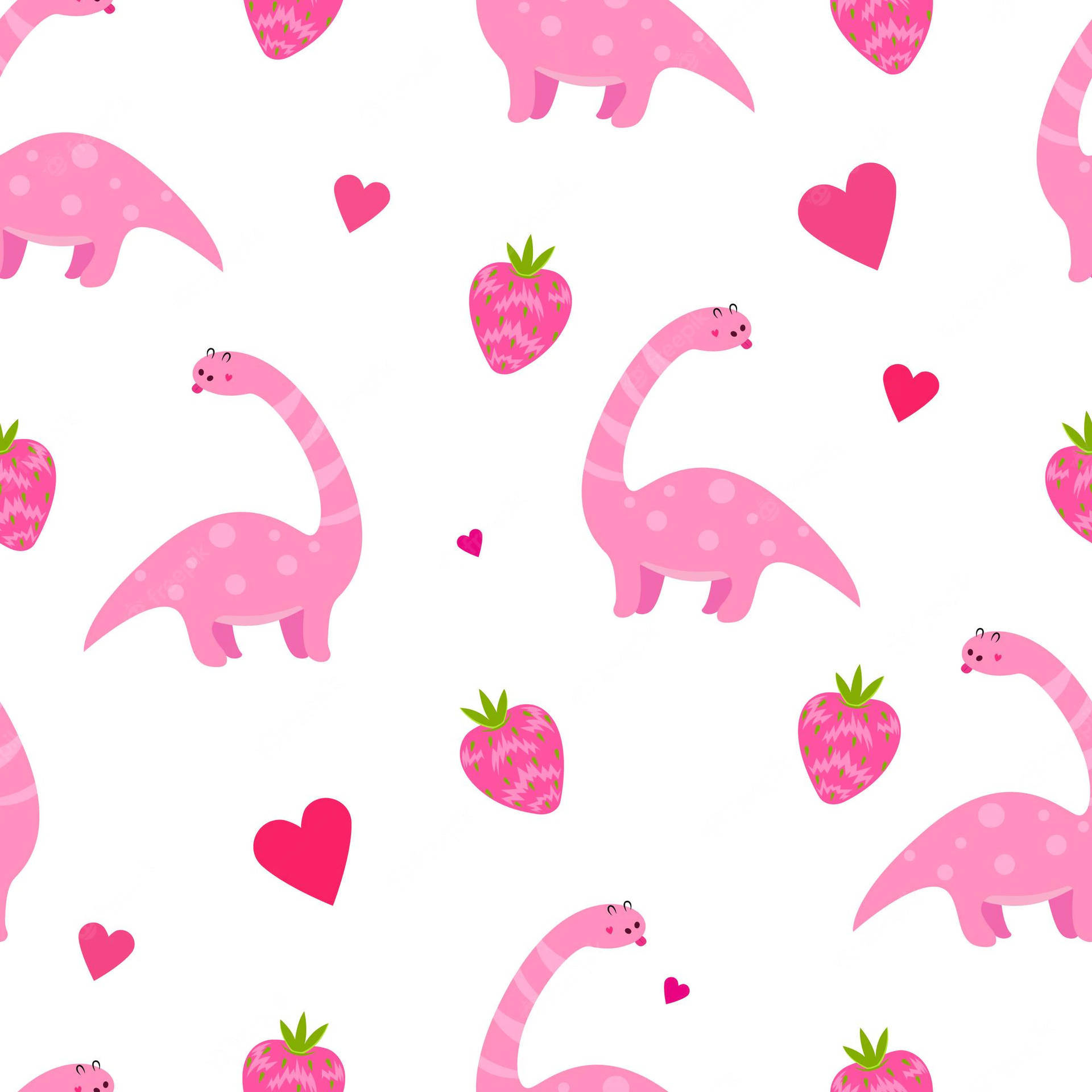 Cute Pink Dinosaur Pattern with Strawberries and Hearts