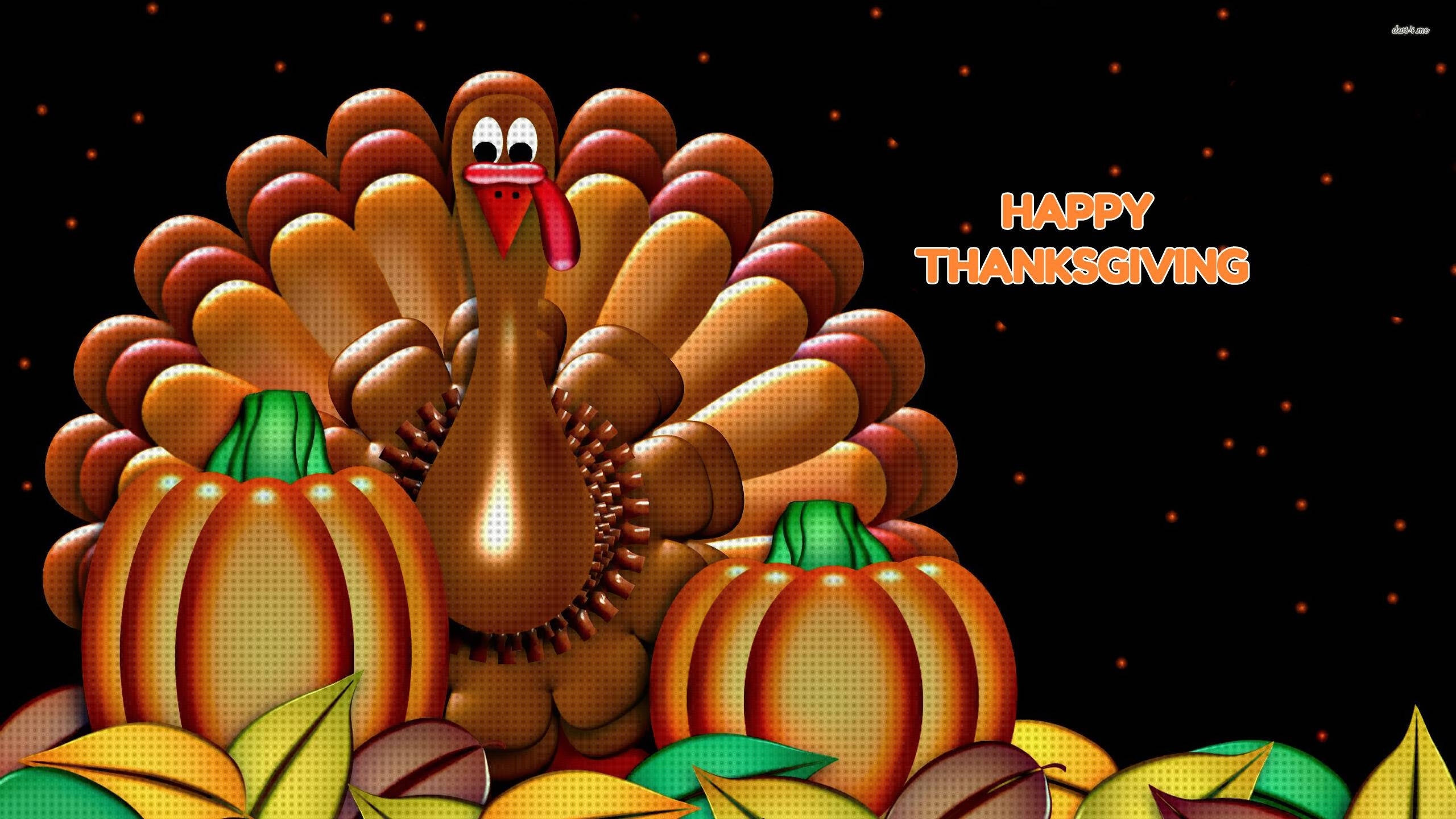 Happy Thanksgiving greeting with cartoon turkey and pumpkins