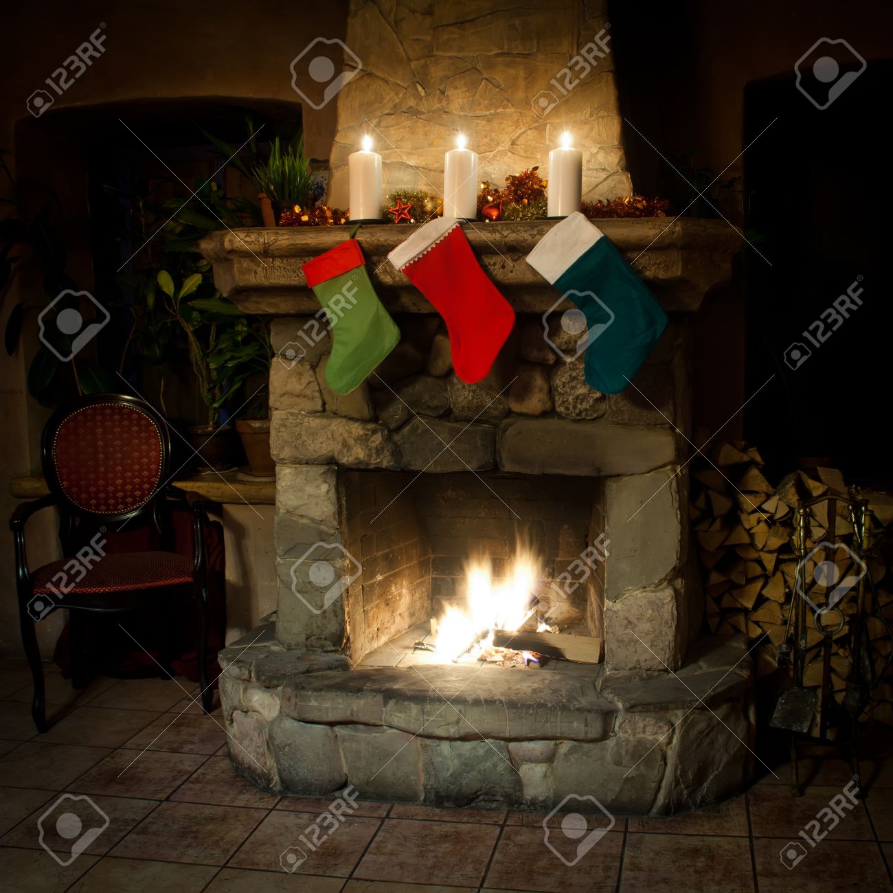 Christmas Stocking On Fireplace Background Chimney Candles