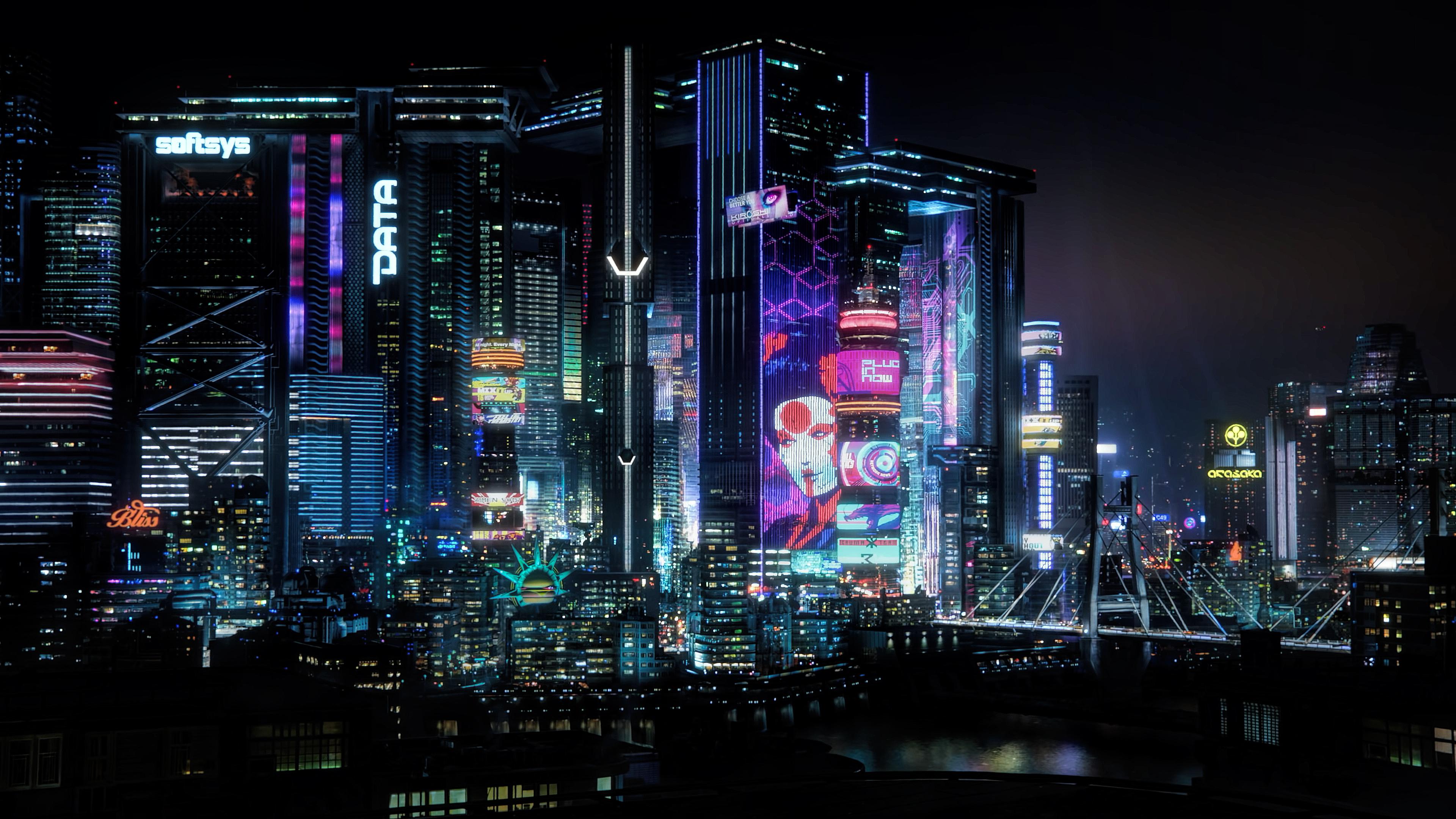 A breathtaking panoramic view of a cyberpunk city at night, with towering skyscrapers adorned with vibrant neon lights, digital billboards, and holographic projections