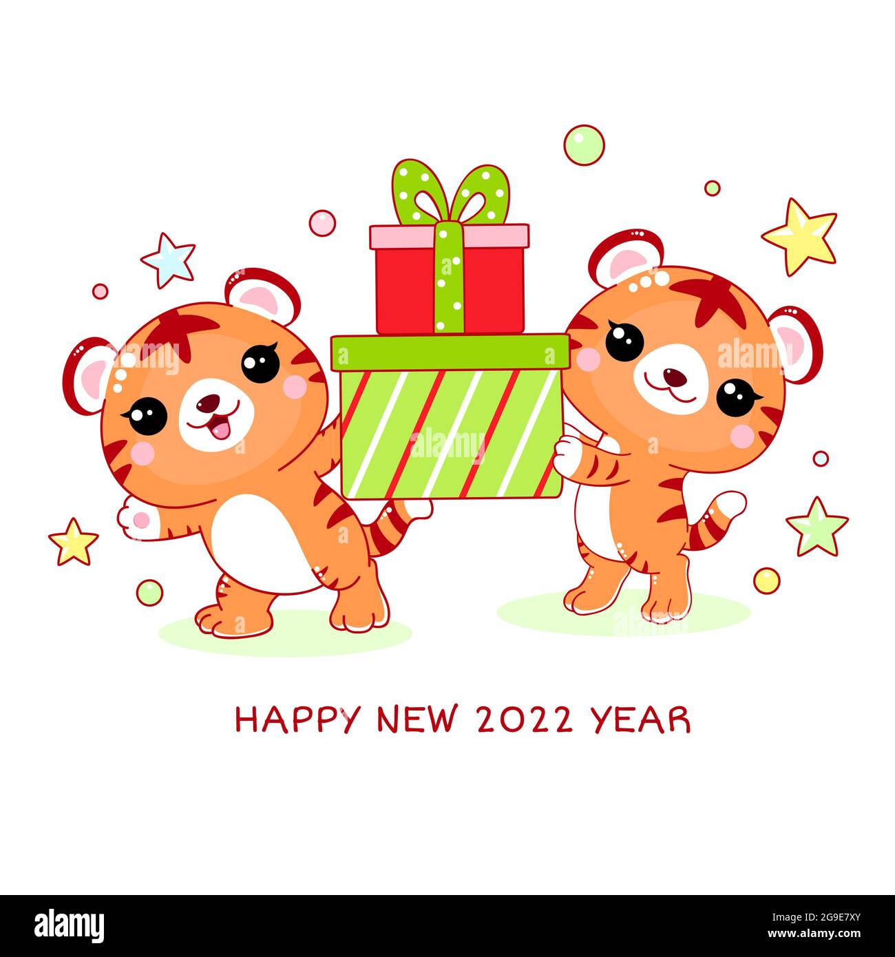 Happy New Year Greeting Card With Cute Little Tigers