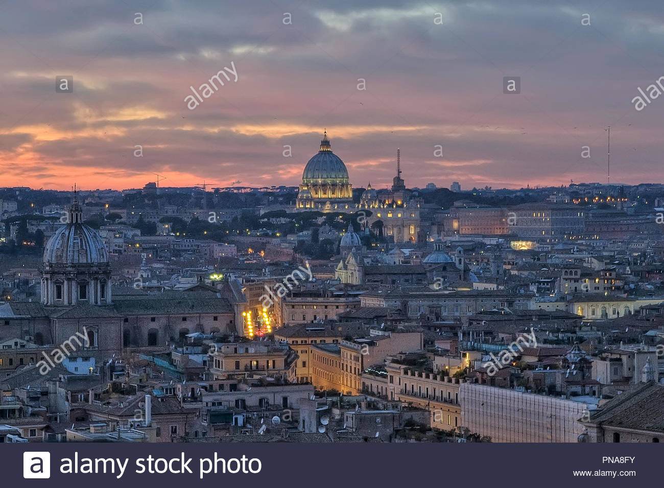 Panoramic Of Rome At Dusck With The St Peter S Dome In