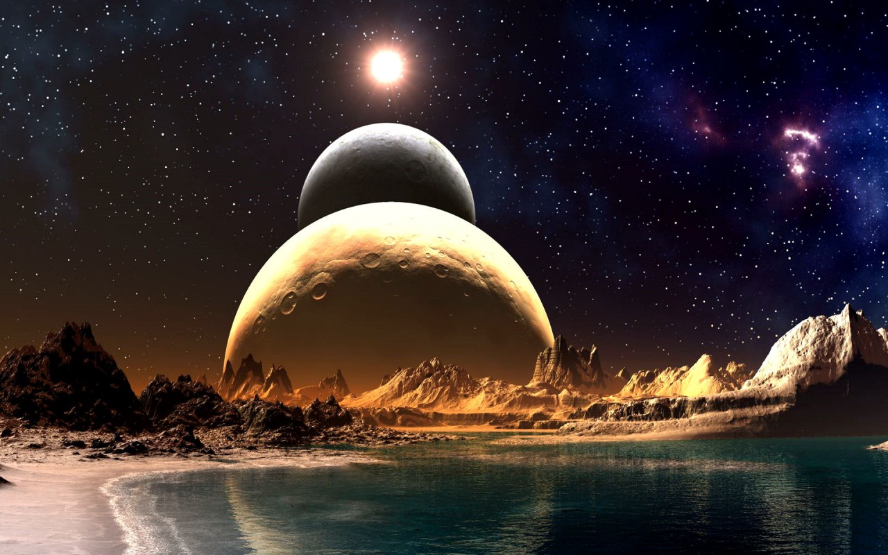 Two large planets dominate the sky above a tranquil alien sea, in this stunning space wallpaper