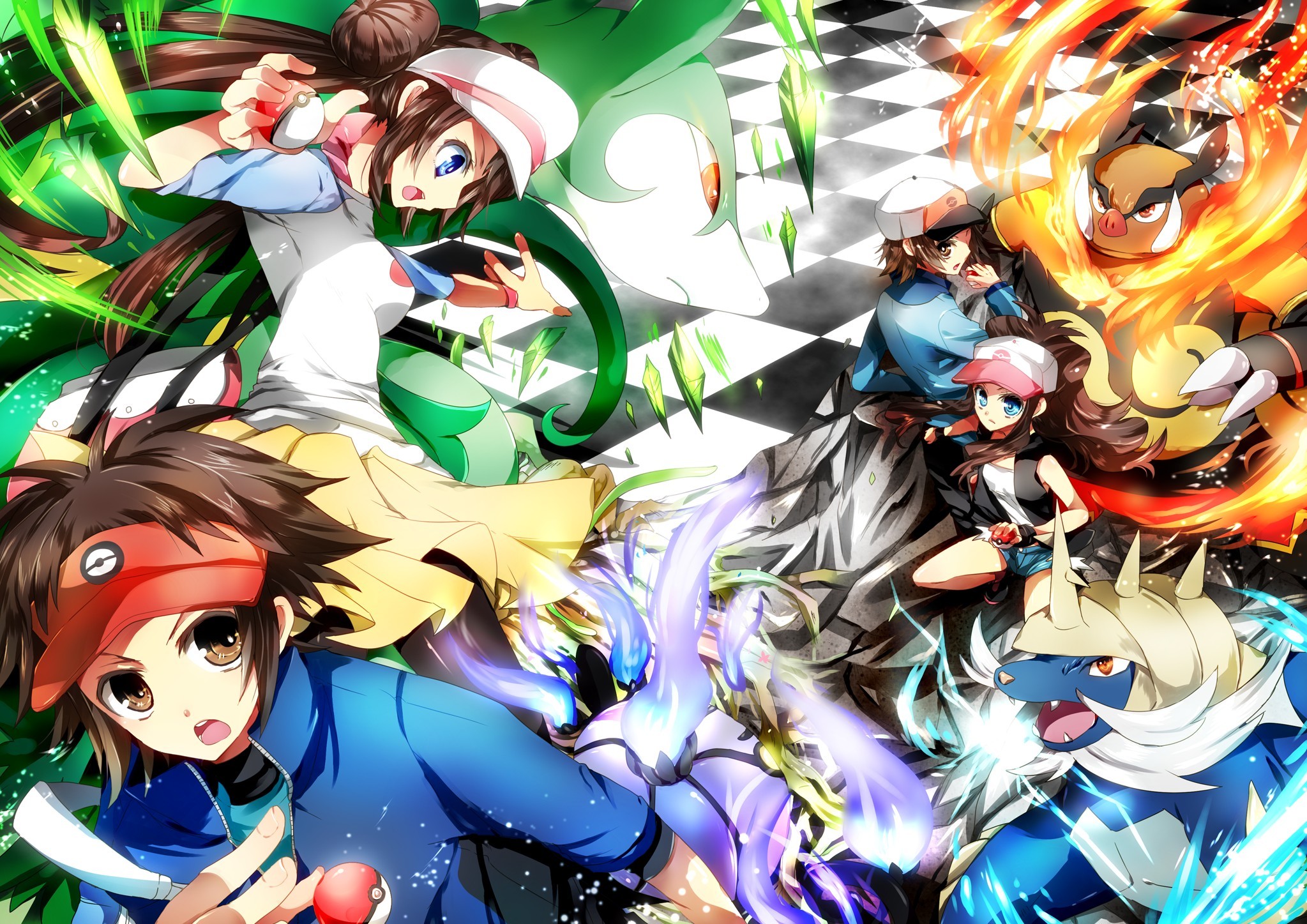 Dynamic illustration of Pokemon trainers and their Pokemon from Black and White versions in action-packed poses against a checkered background