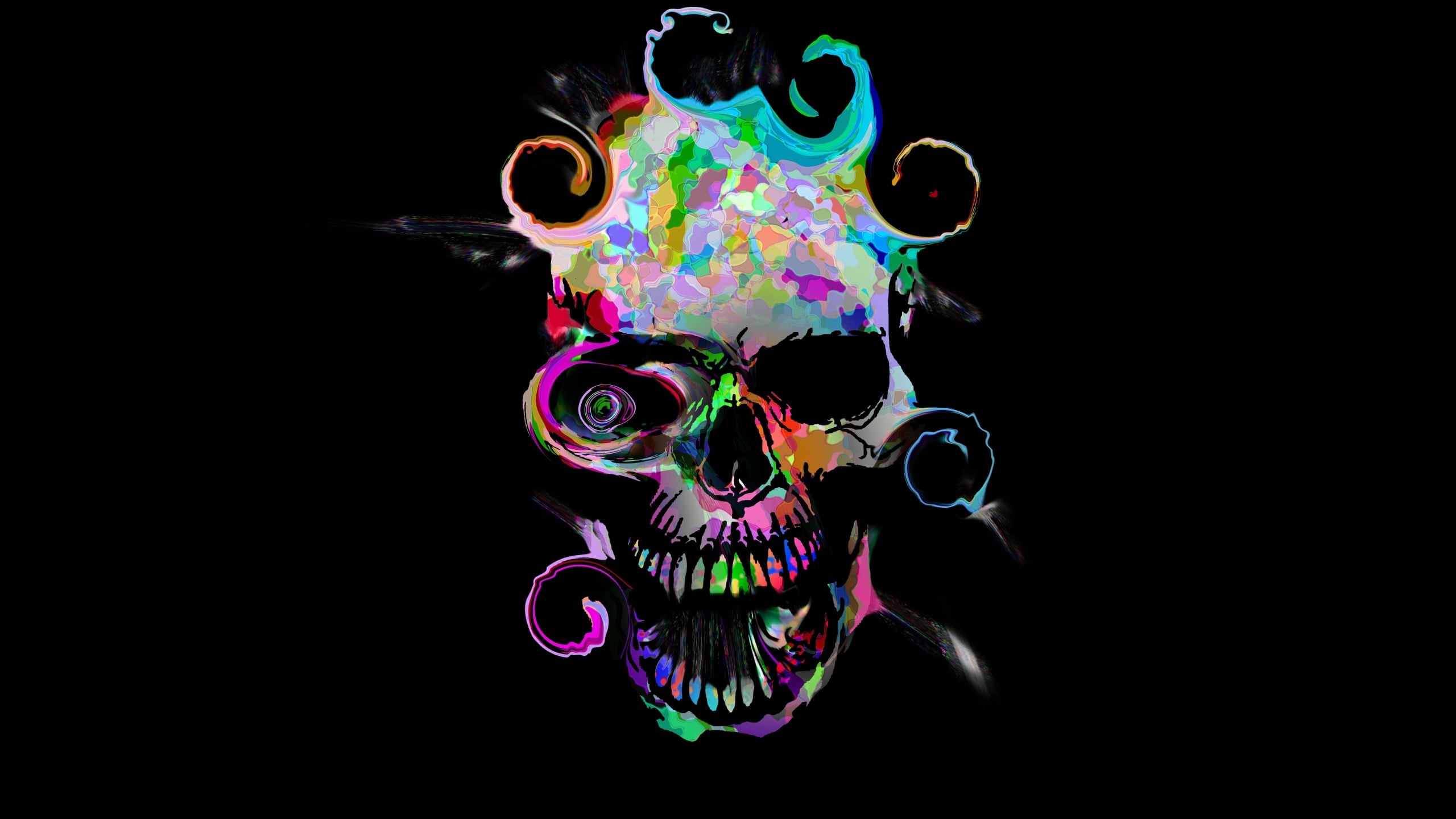A vibrant, psychedelic skull illustration against a black background. The skull features a multi-colored, mosaic pattern and is surrounded by swirling, colorful smoke-like effects. One eye socket contains a spiral design, adding to the surreal and artistic feel