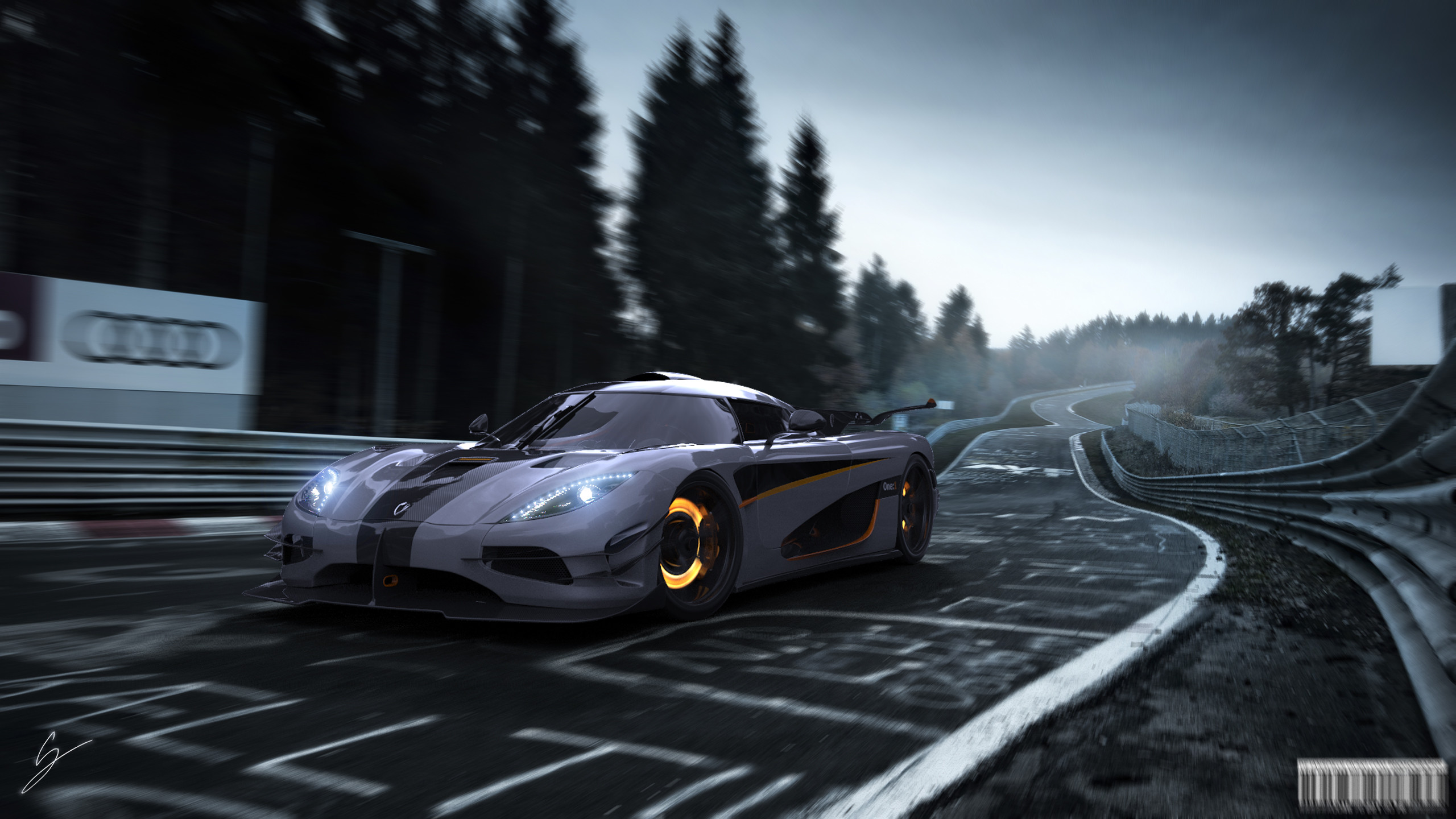 A sleek, black Koenigsegg sports car races around a track, its orange highlights adding a pop of color to the dark, moody scene