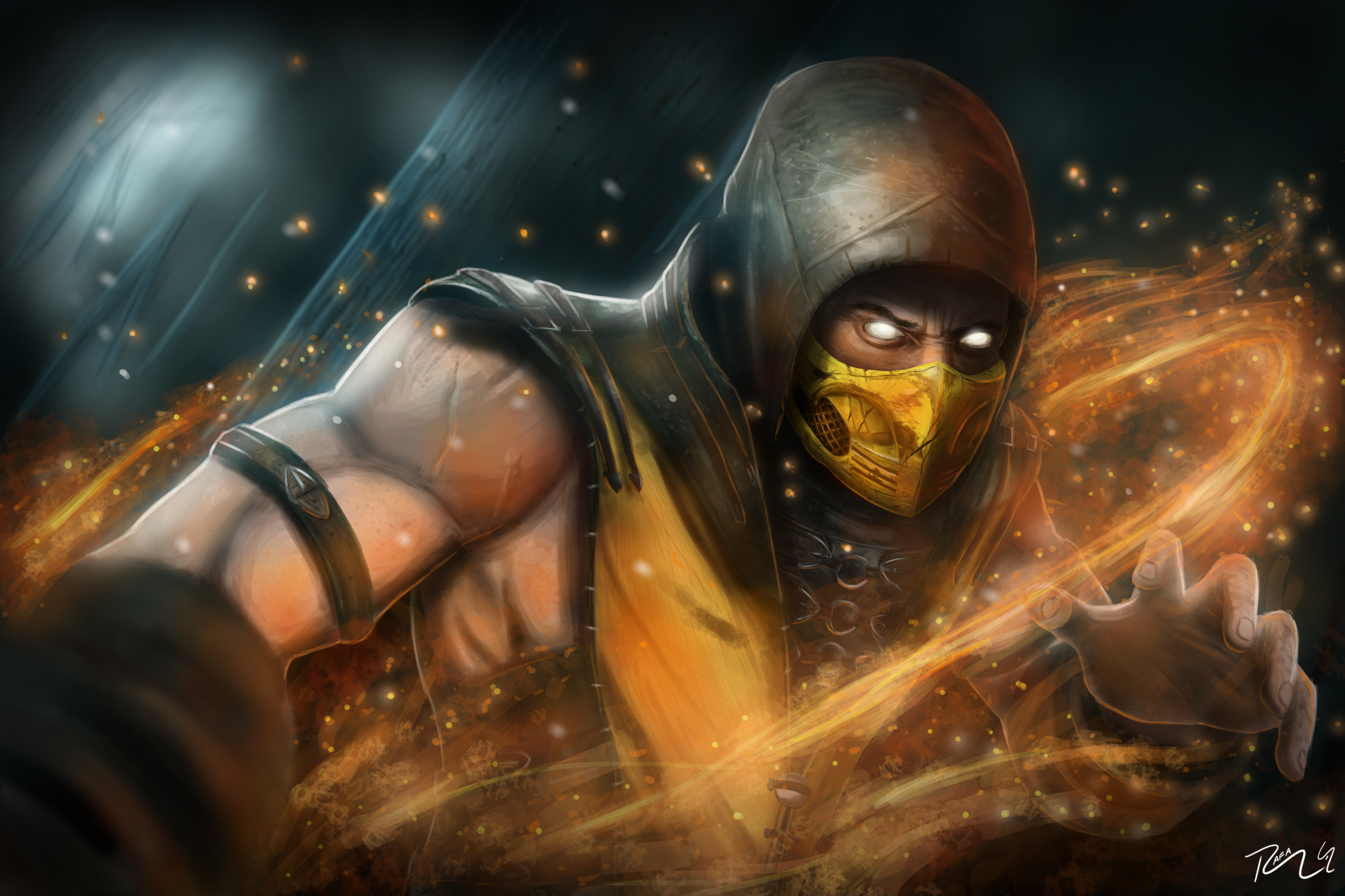 Mortal Kombat Scorpion Wallpaper: A fierce depiction of Scorpion from Mortal Kombat, wielding his fiery power
