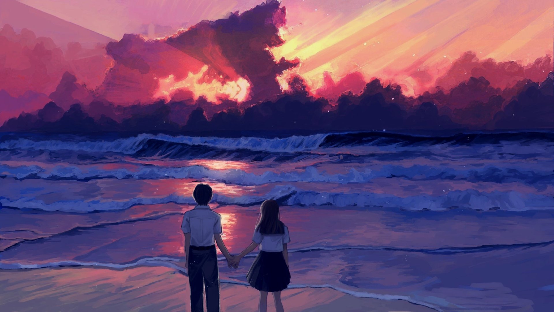 Ocean Sunrise Couple Anime Love HD Wallpaper