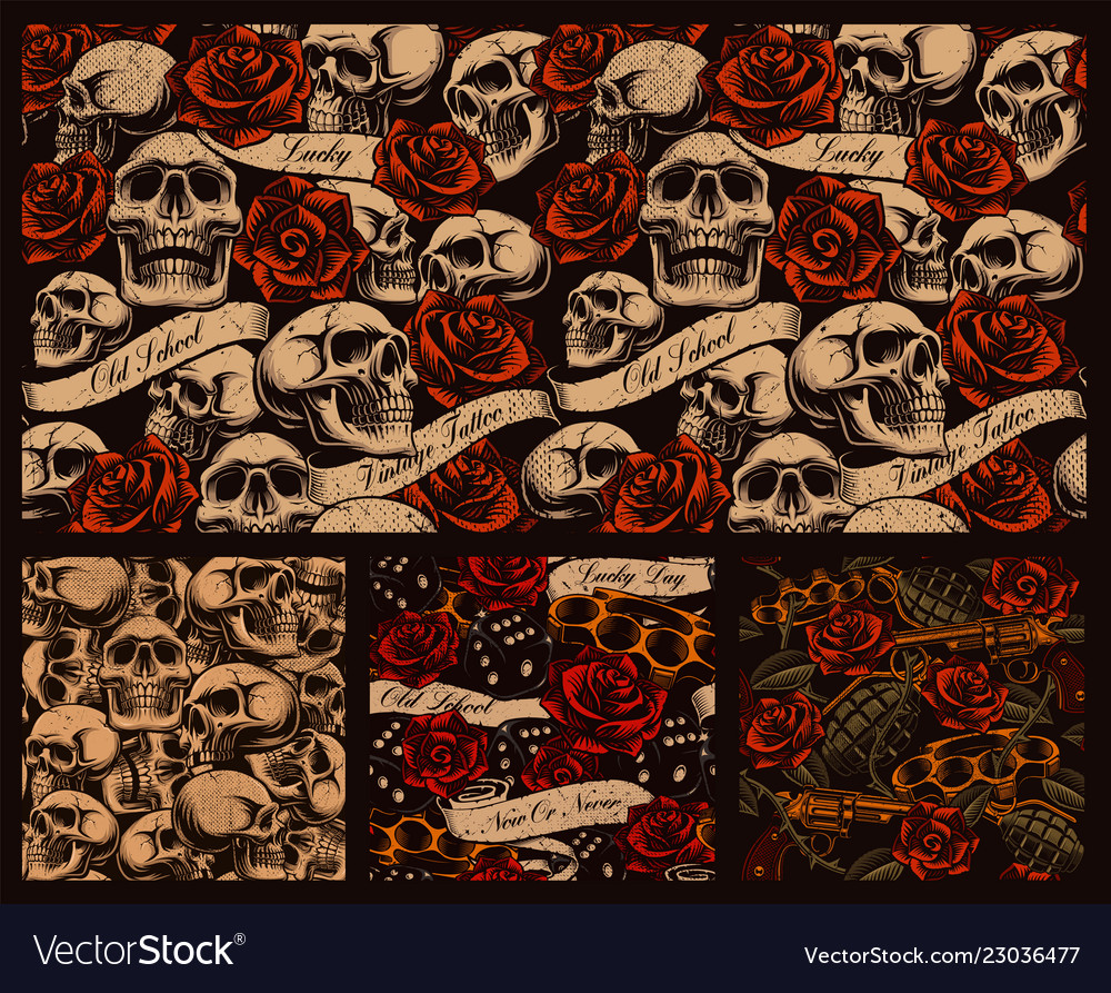 Set Of Seamless Tattoo Background With Skulls Vector Image