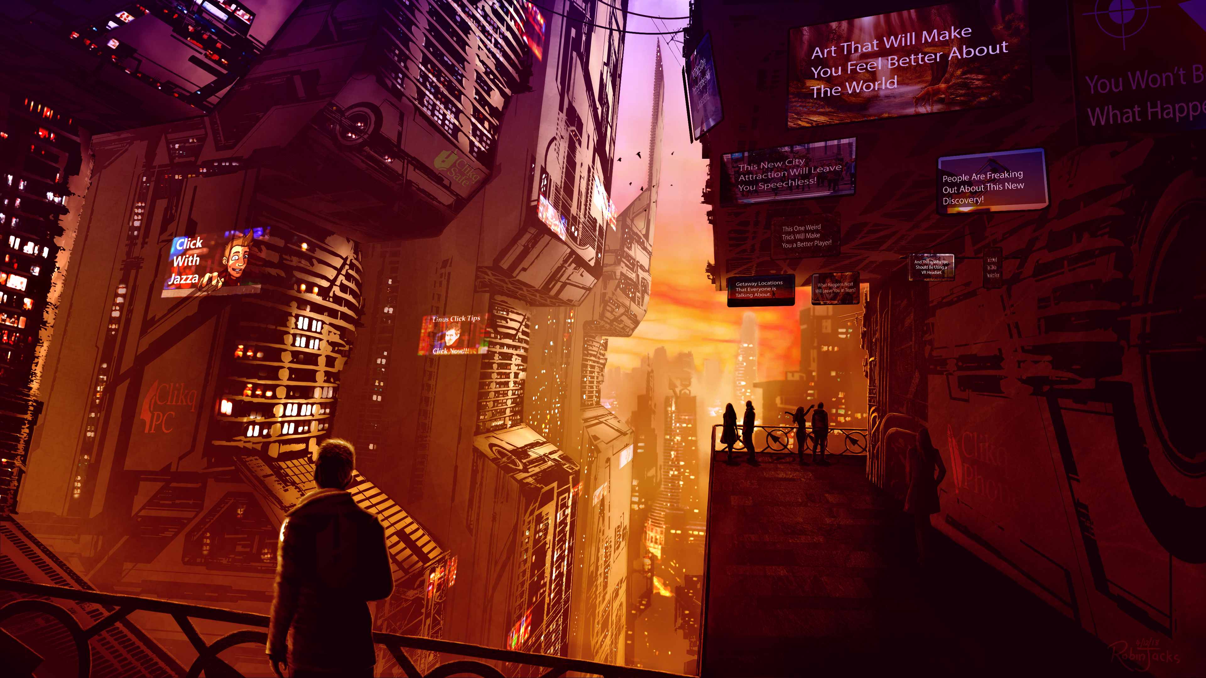 A cyberpunk cityscape at sunset, with towering buildings, neon signs, and a lone figure looking out over the scene