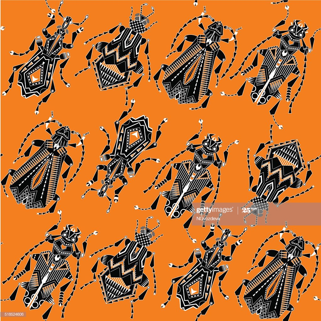 Variety Of Ornamental Blackwhite Insects On Orange Background High