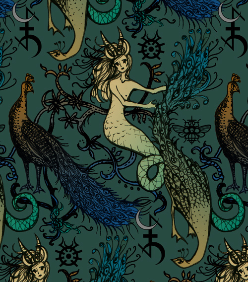 Peacock And Mermaid Pattern On