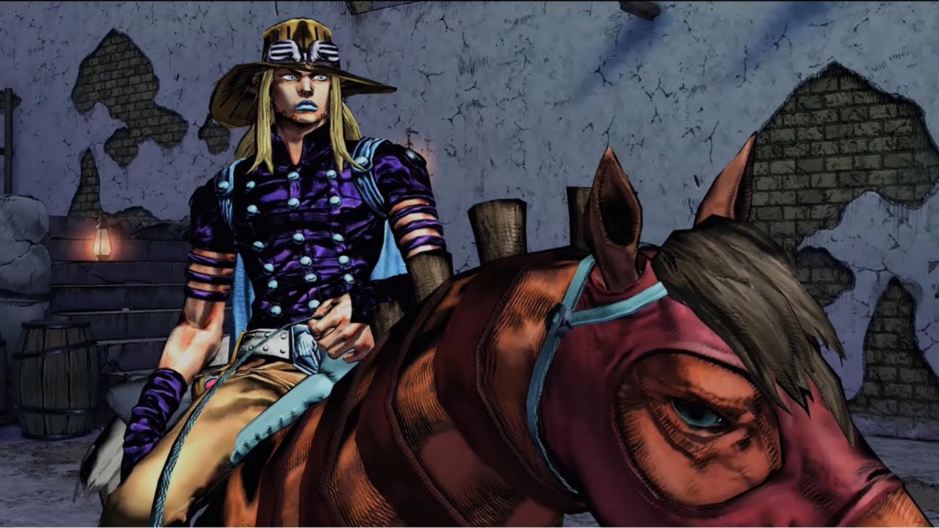 Gyro Zeppeli on horseback in a dimly lit stable, from the JoJo's Bizarre Adventure series