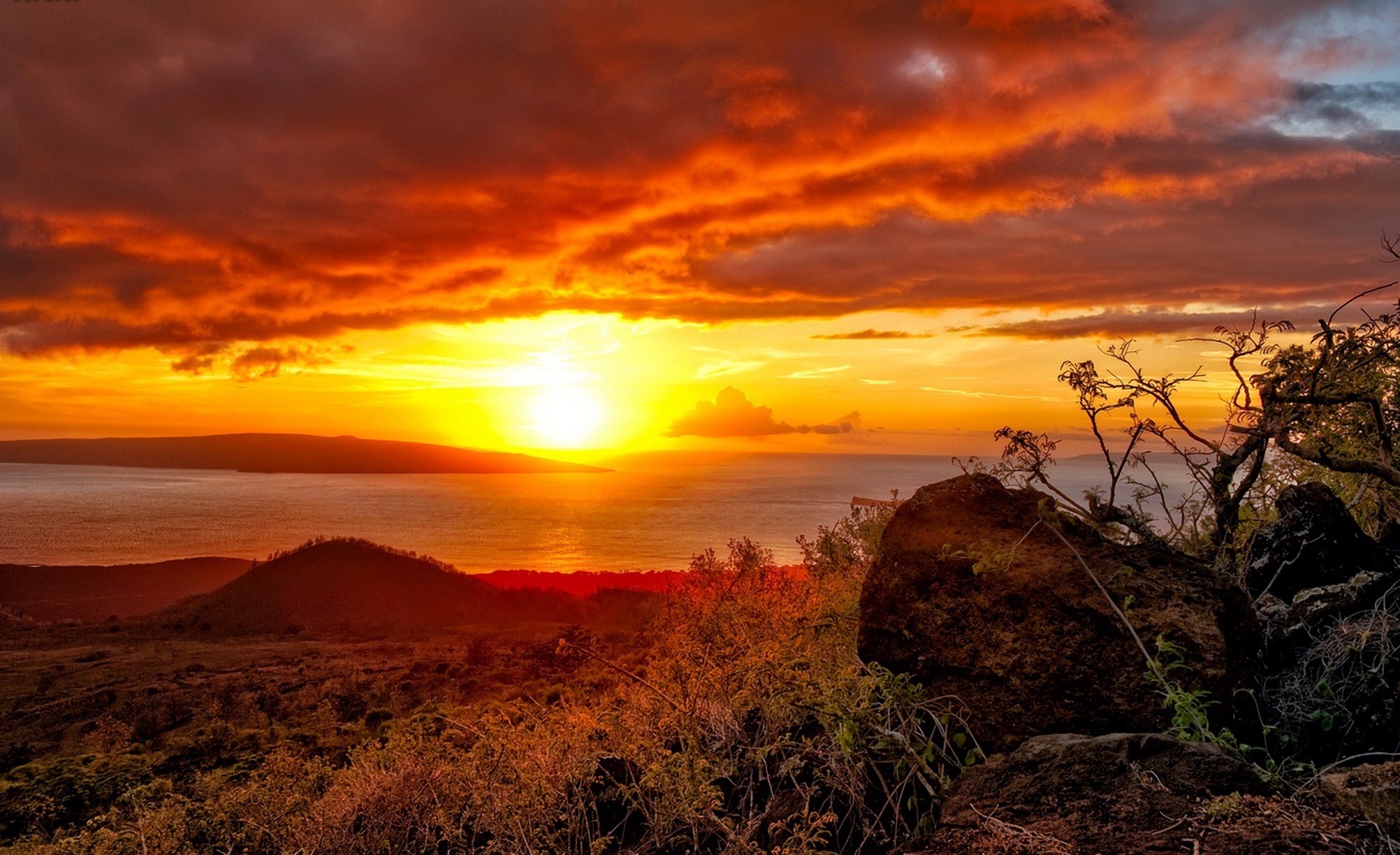 Landscape Sunset Sun Clouds Island Wallpaper