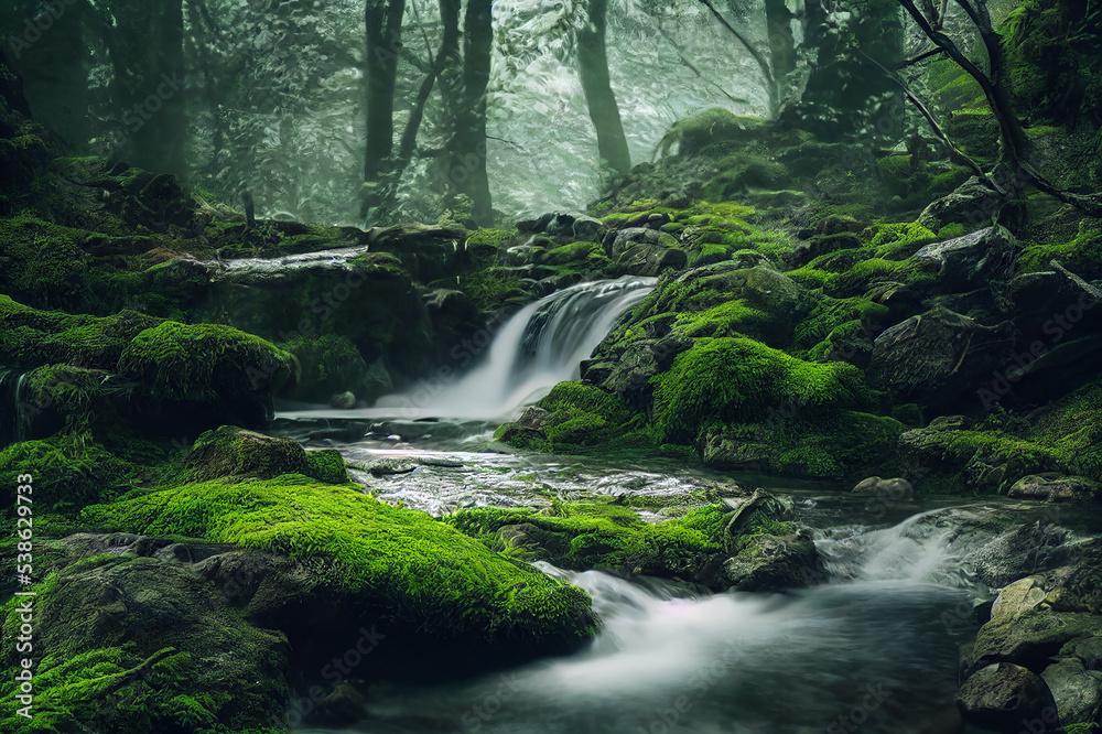 Natural forest waterfall with rocks and green moss 8k wallpaper