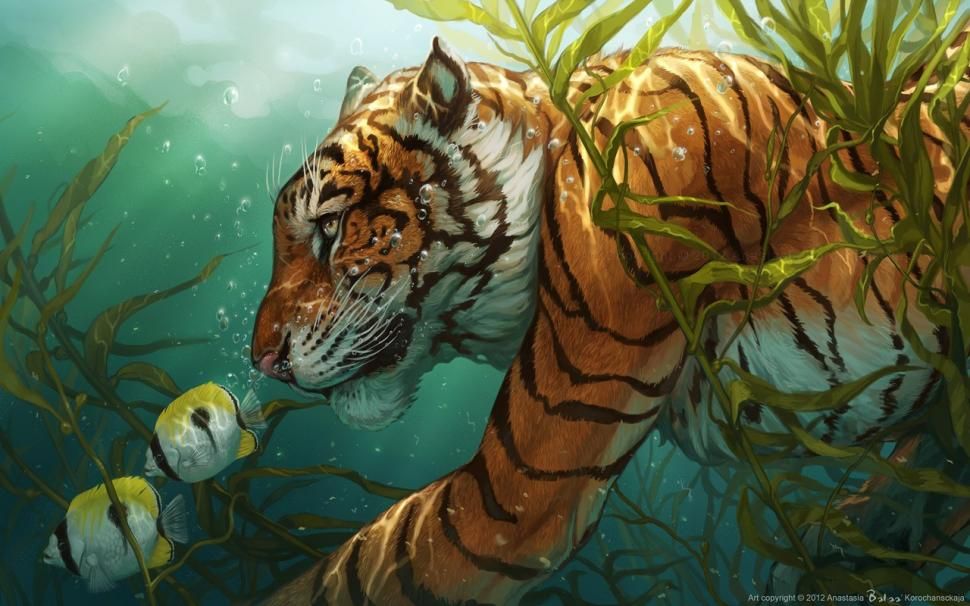 Tiger Drawing Underwater Fish HD Wallpaper Art And Paintings