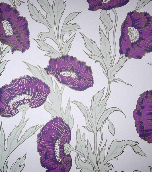 Wallpaper Large Poppy Design In Purple Bronze And Grey