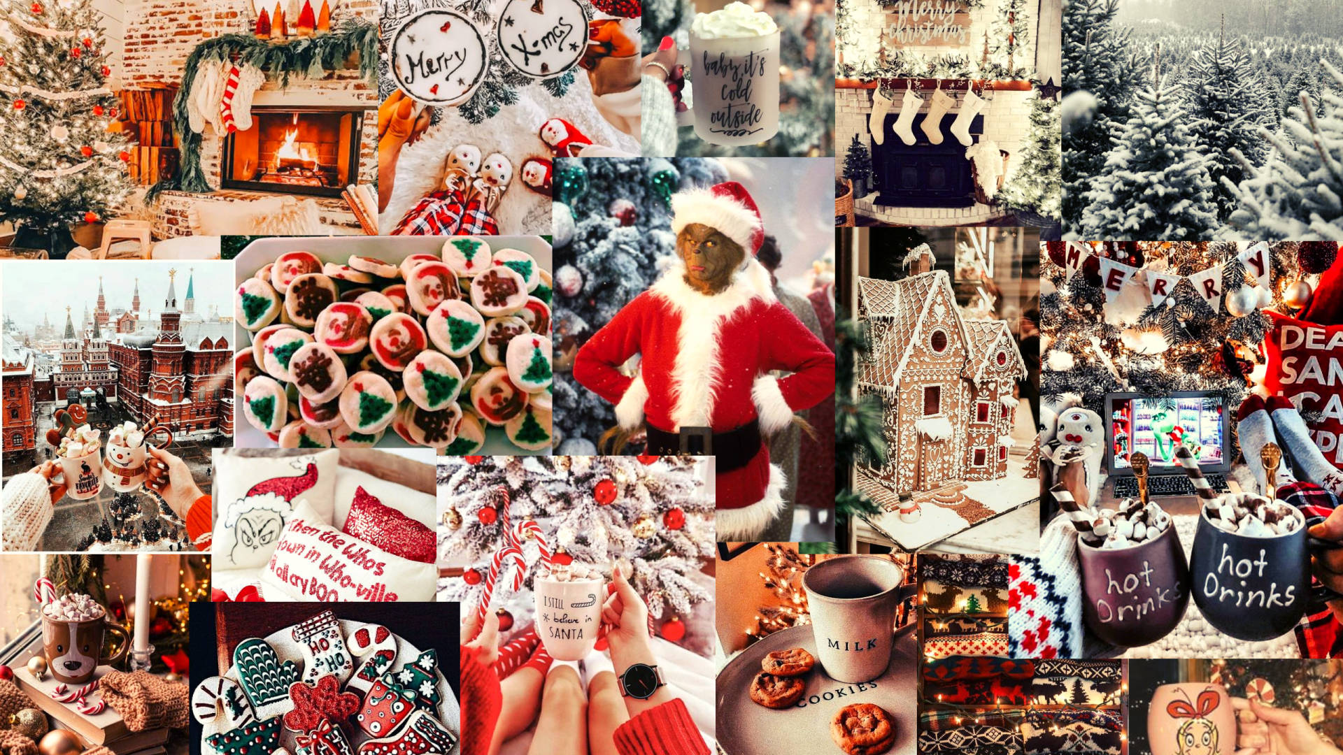 A festive Christmas collage wallpaper for computer screens, featuring cozy scenes, treats, and holiday decorations