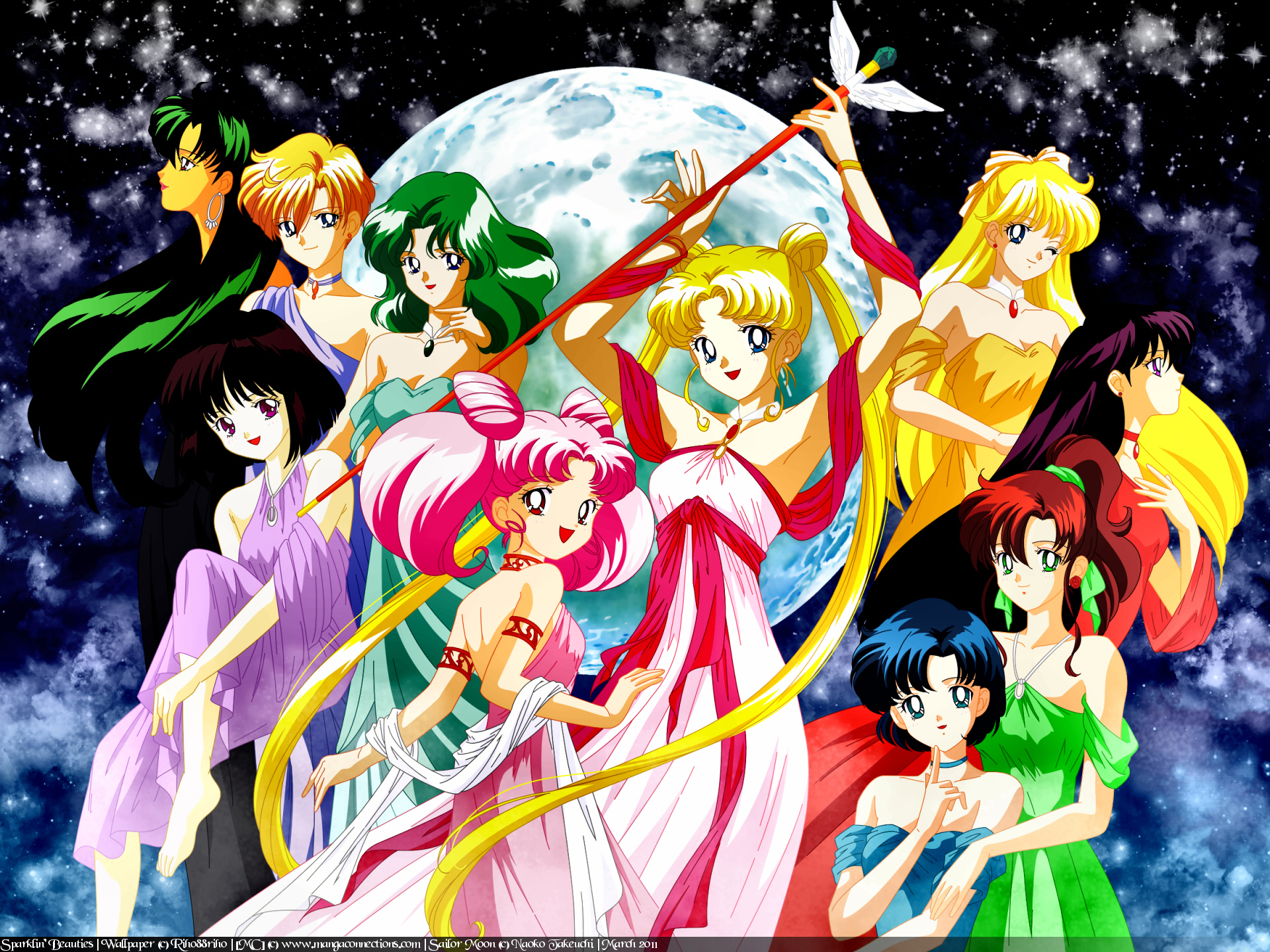 Group portrait of Sailor Moon and her fellow Sailor Guardians in elegant formal wear, posed against a backdrop of the moon and starry sky