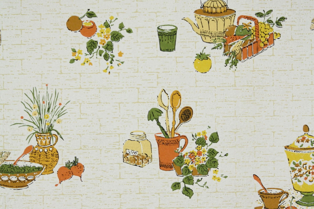 1960s Vintage Wallpaper Kitchen Pattern With Baskets Of Fruit And Tea