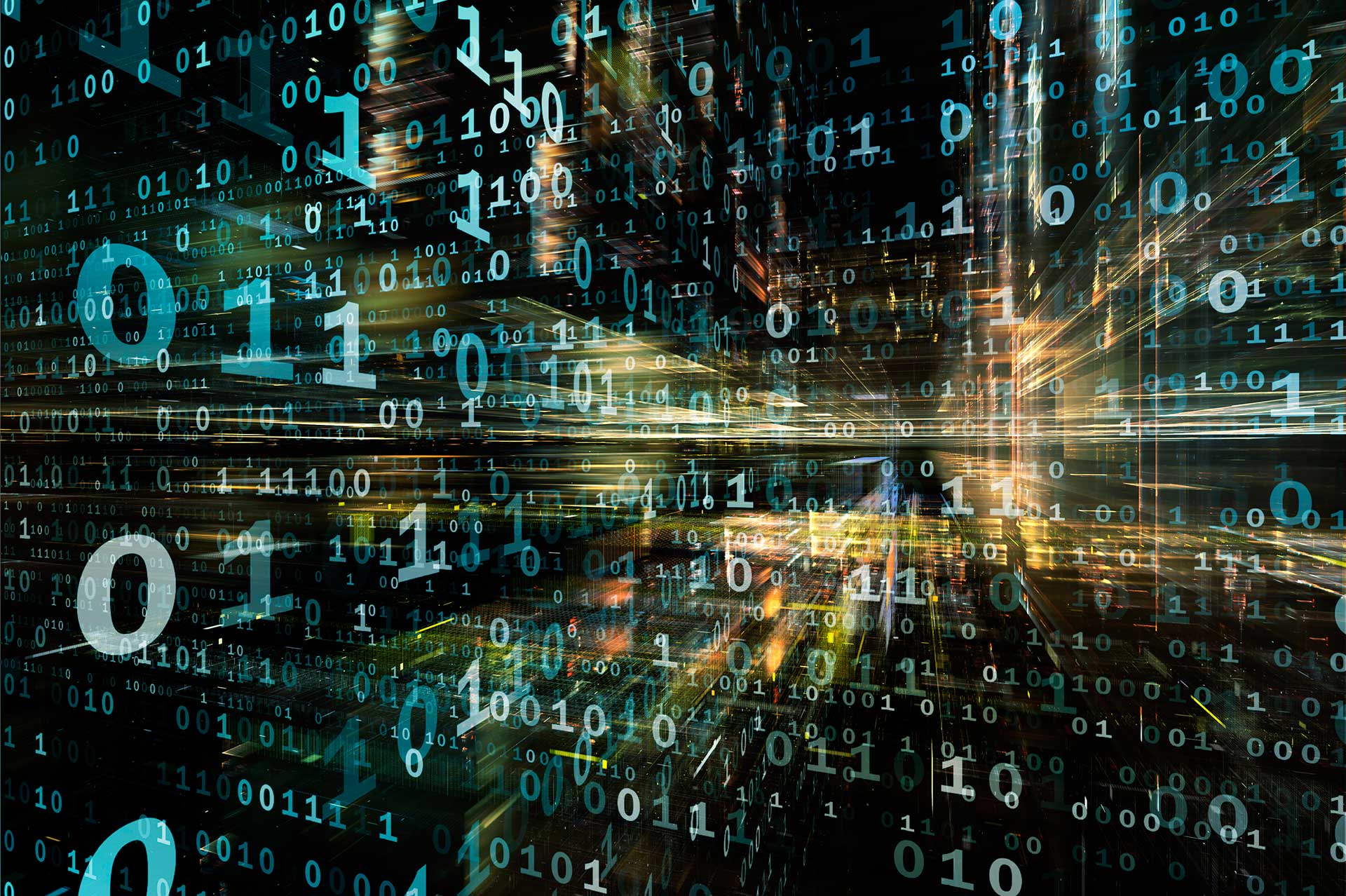 Abstract representation of artificial intelligence with binary code and light trails on a dark background
