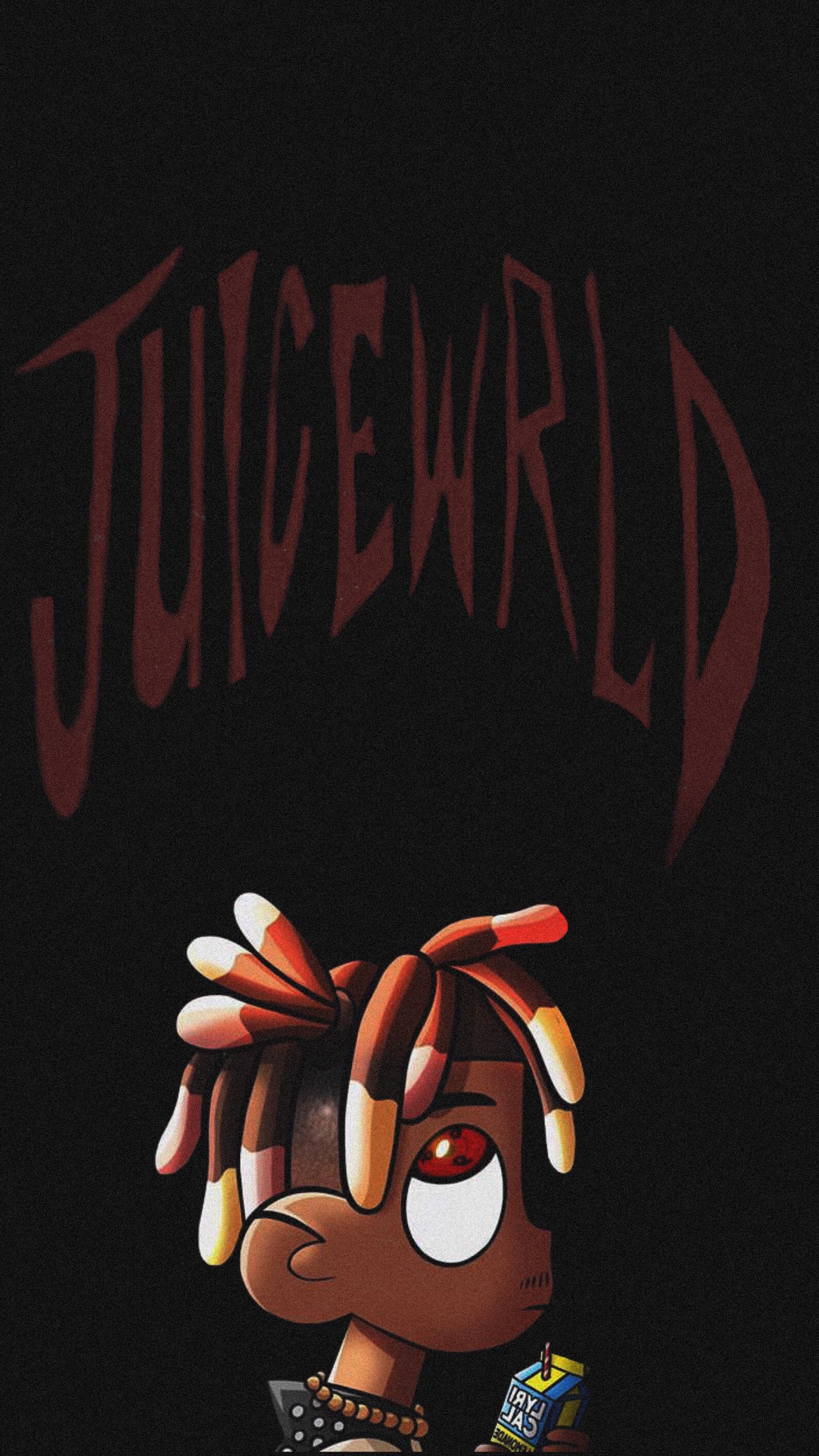 Cartoon depiction of Juice WRLD against a black background, holding a juice box