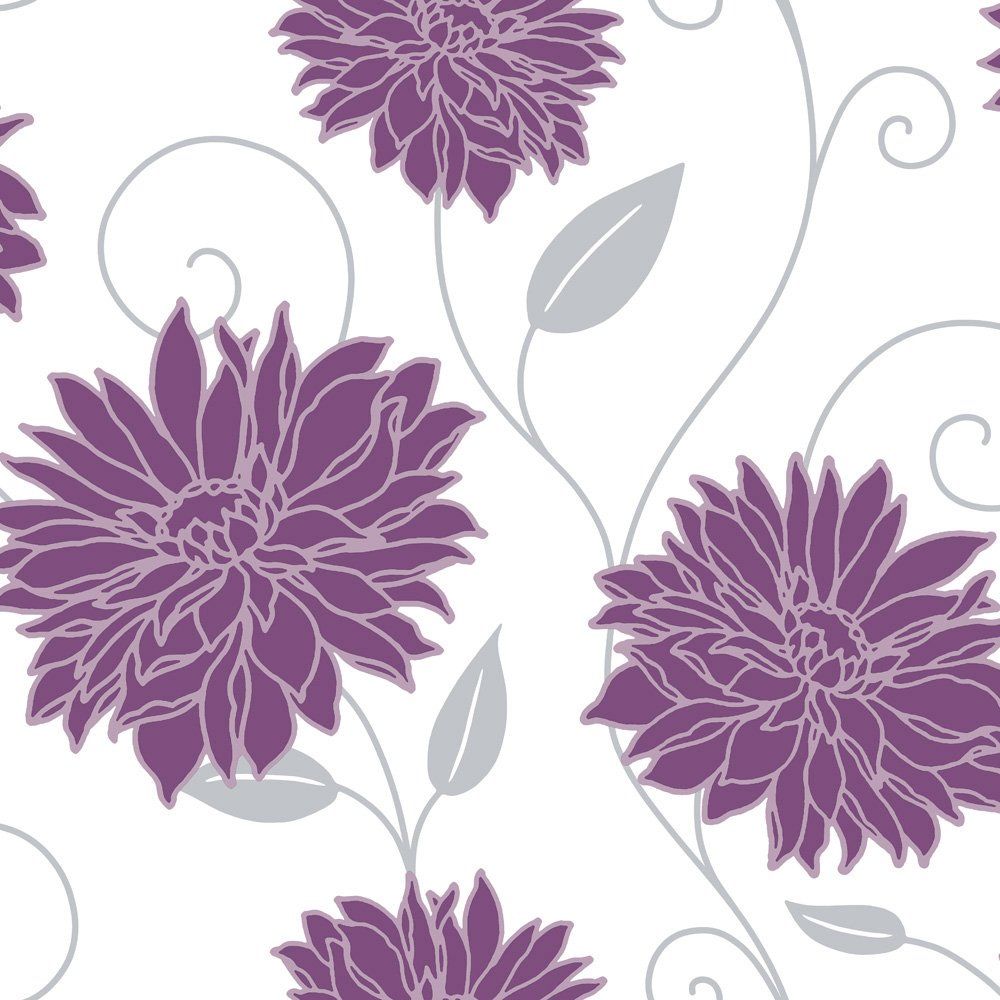 Starflower Wallpaper Purple Cream Silver