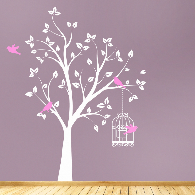 Tree With Bird Cage And Flying Birds Wall Art Sticker Decal