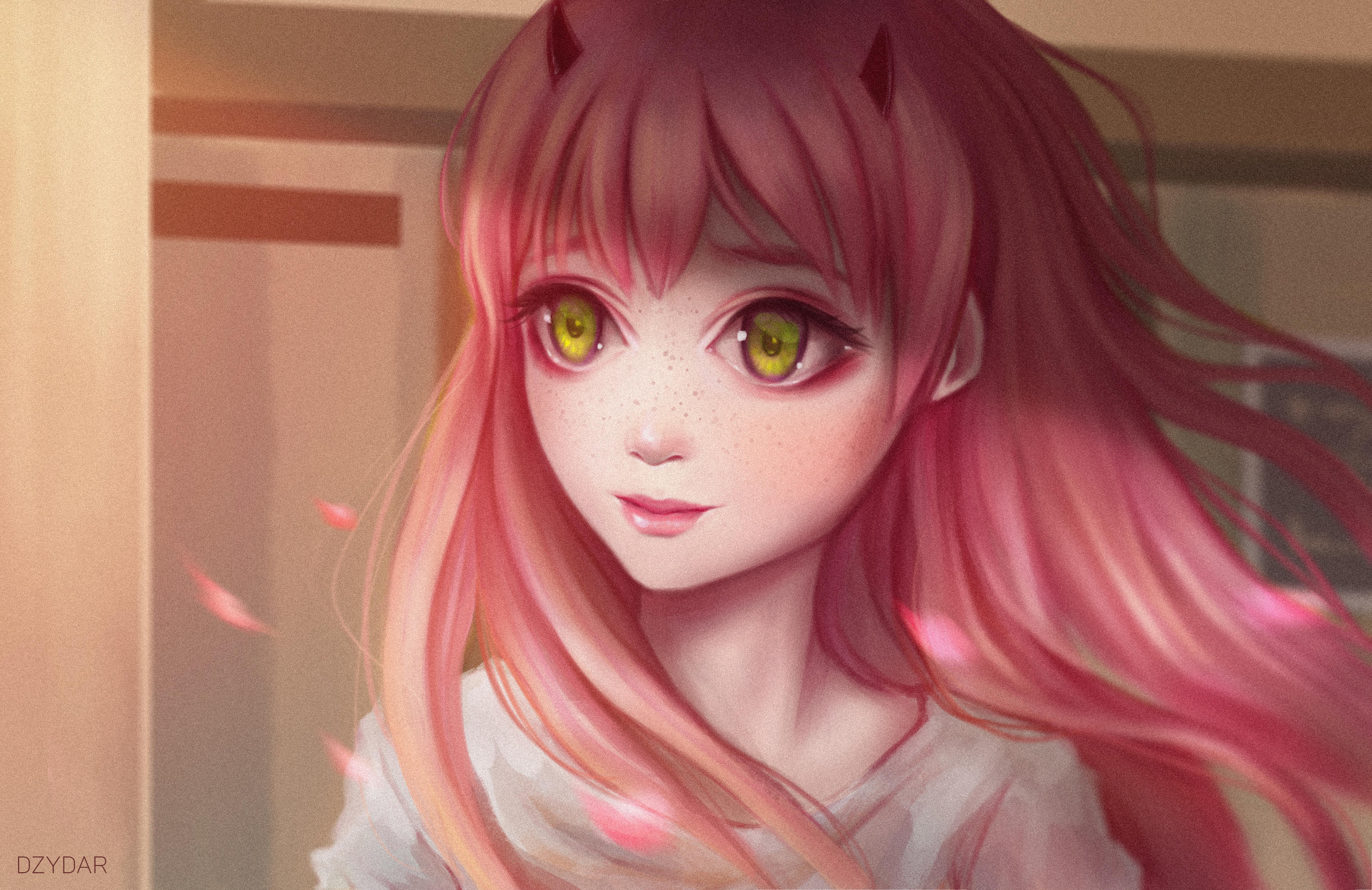 Cute Anime Girl Pink Hairs Red Eyes Wallpaper HD 4k