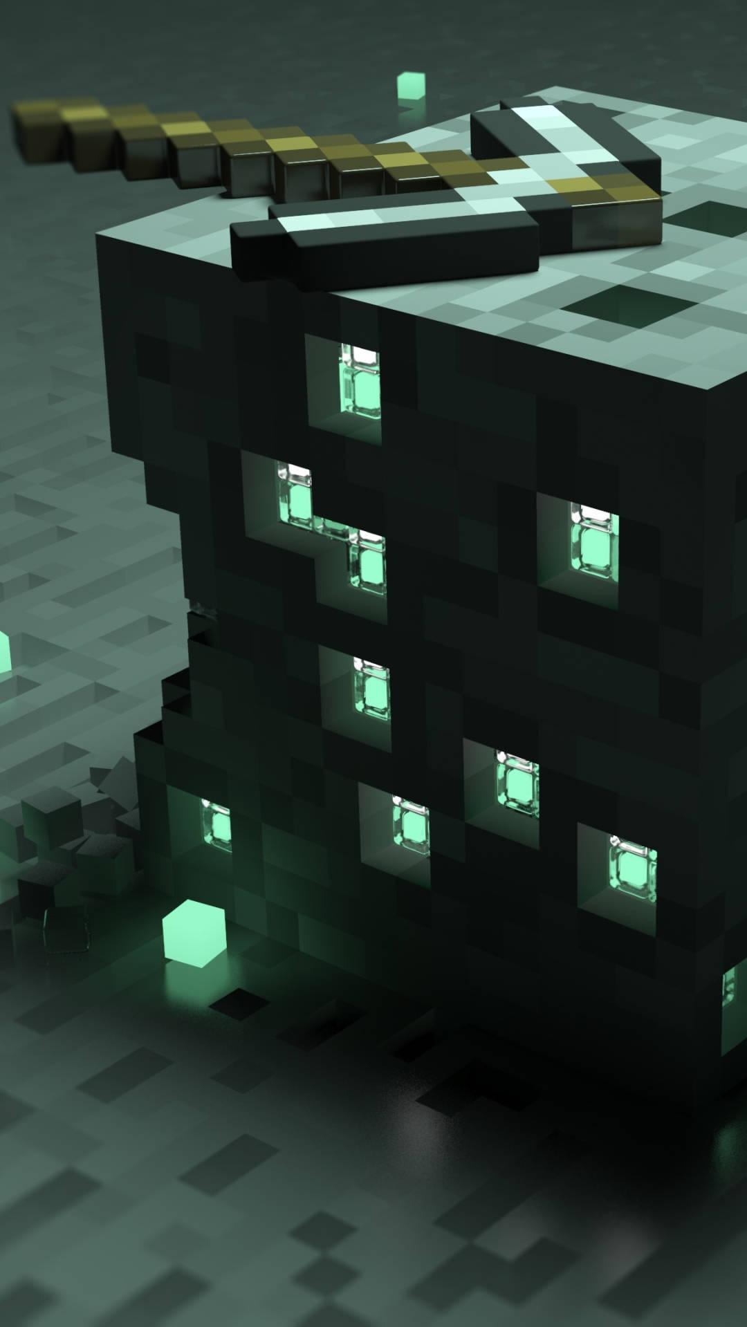 Minecraft Phone Black Building Green Lights Wallpaper
