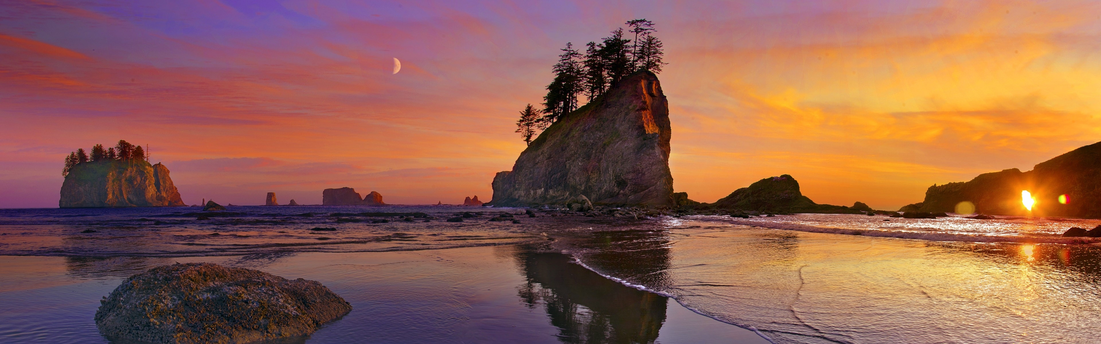 Sunset Moon Usa Panorama National Park Reflections Washington Rock